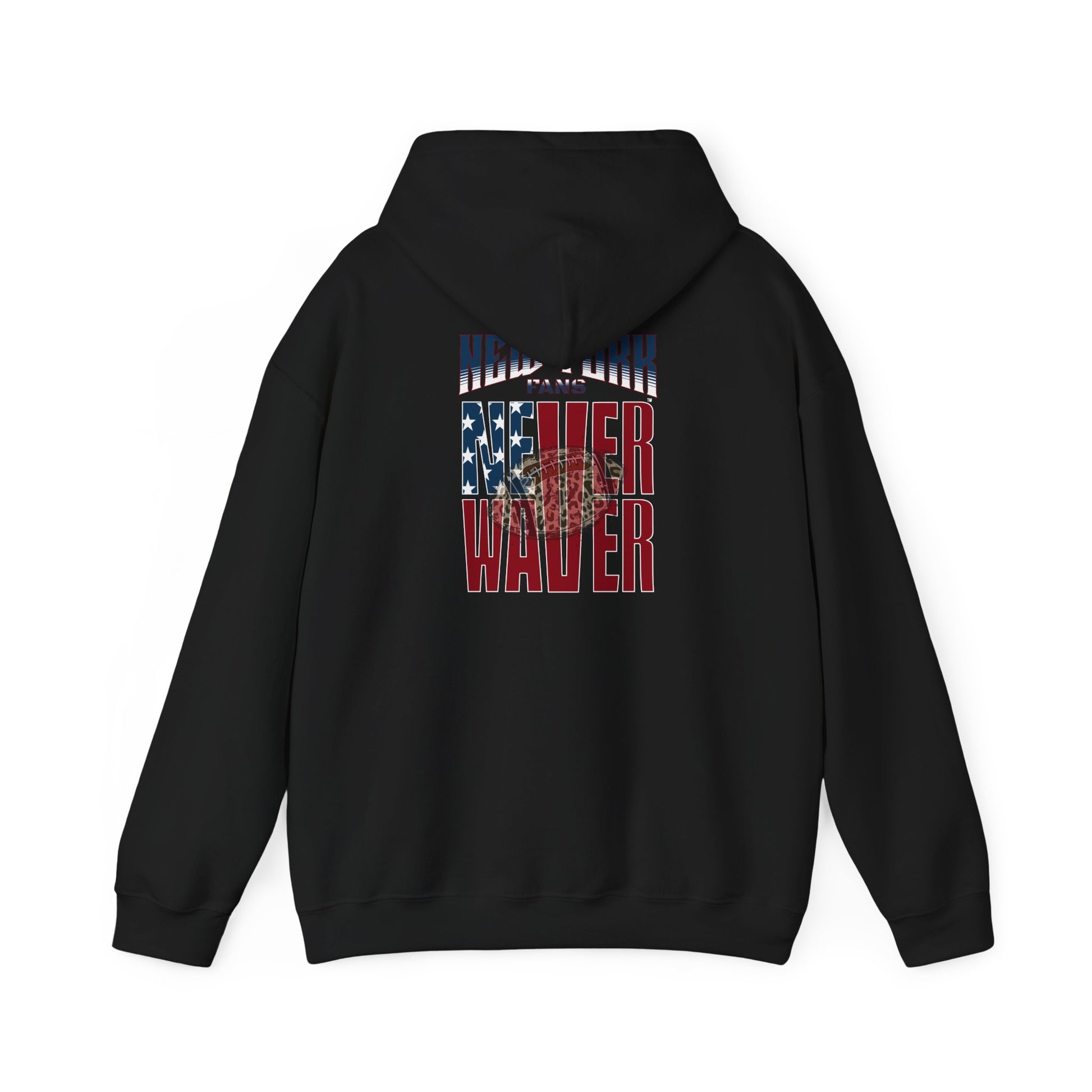 Unisex Heavy Blend™ Hooded Sweatshirt - 'New York Fans Never Waver W Leopard Football' American Pride Design - Never Waver