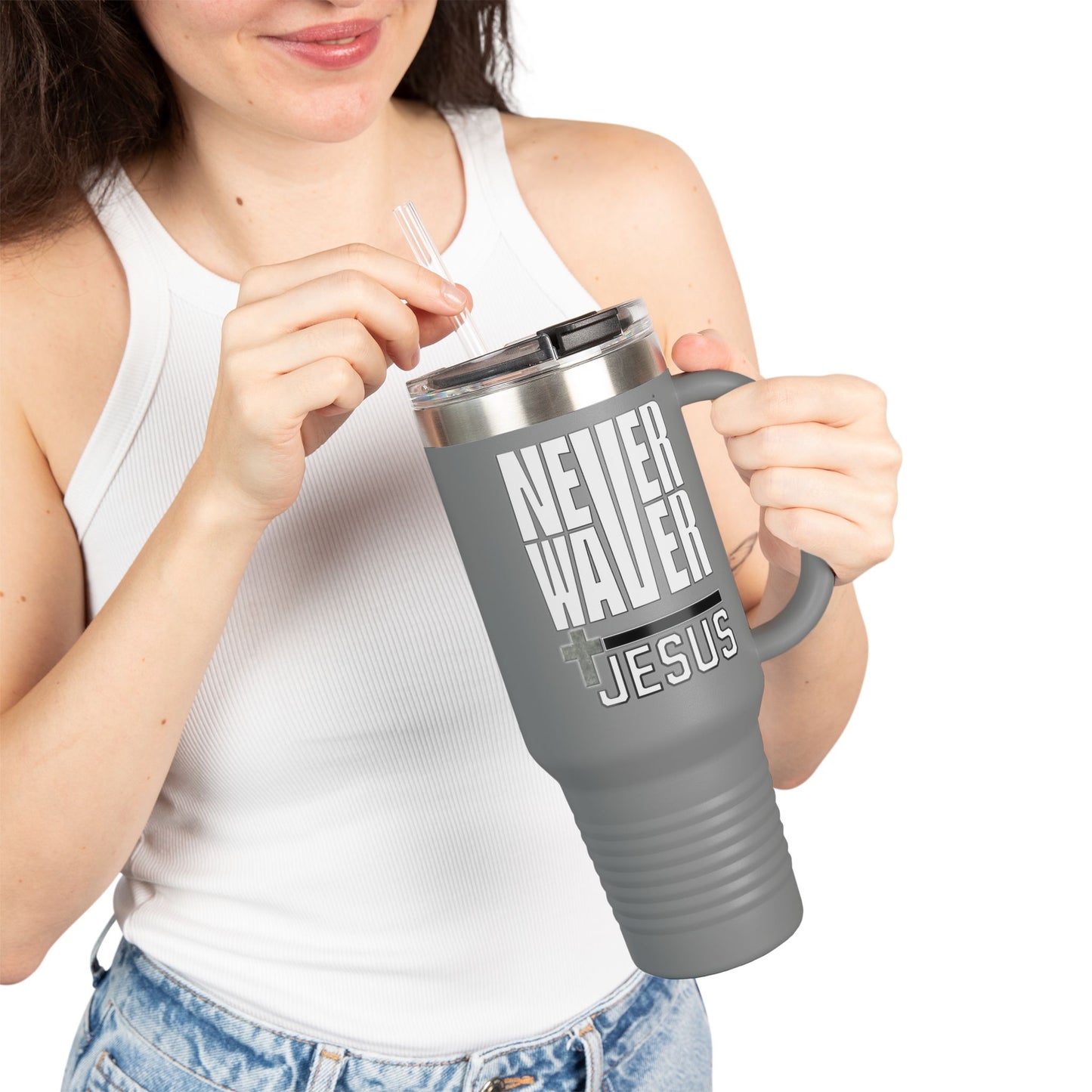 Insulated Travel Mug - "Never Waver” Jesus a bold, eye-catching design that reflects a steadfast faith and confidence in Christ. " - 40oz Sporty Drinkware - Never Waver