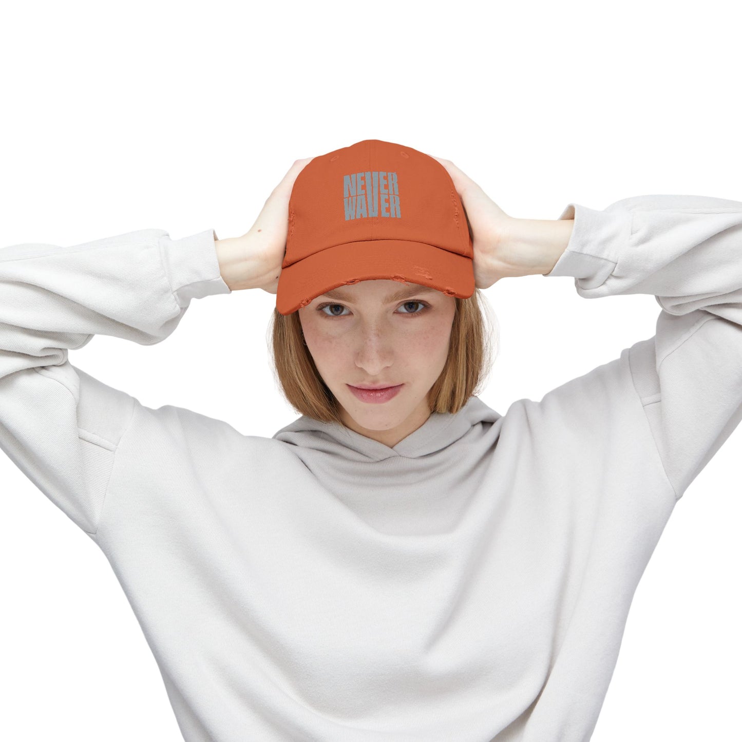 Unisex Distressed Cap - 'Never Waver' Casual Hat for Everyday Style