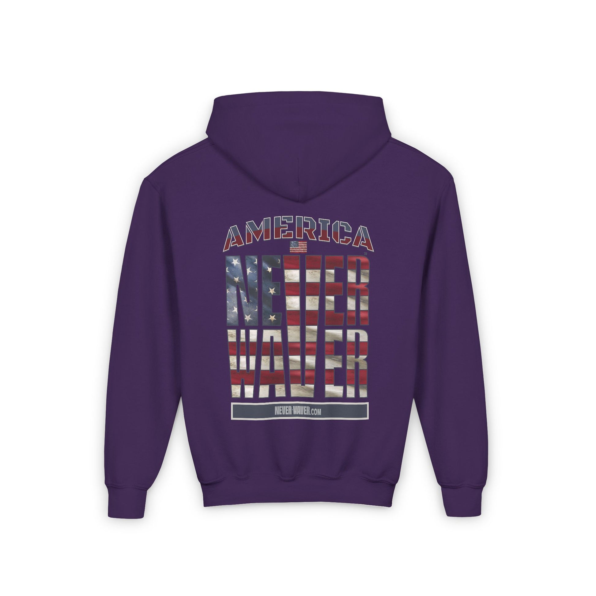 Youth Heavy Blend Hoodie - "America Never Waver " Motivational Sweatshirt - Never Waver