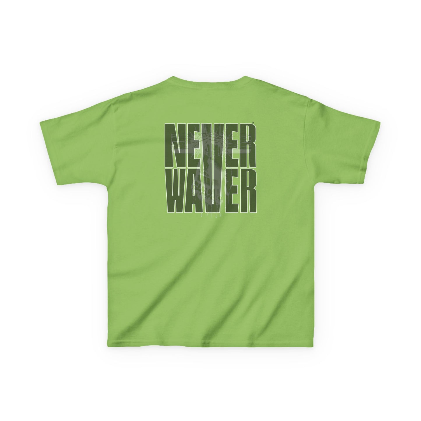 Kids Tee Never Waver” Jesus t-shirt might feature a bold, eye-catching design that reflects a steadfast faith and confidence in Christ.  - Never Waver