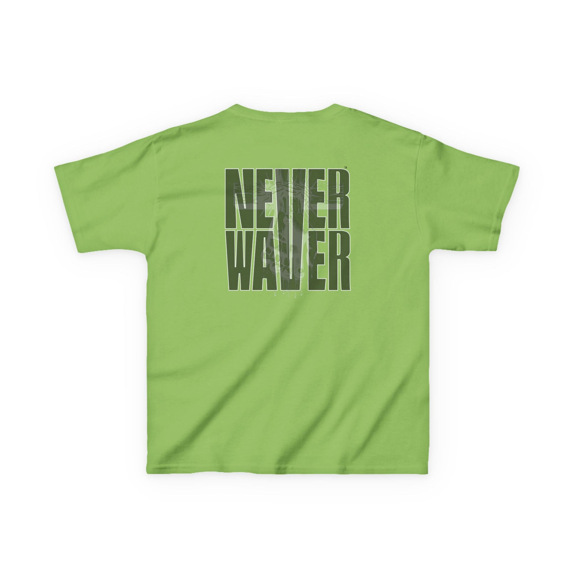 Kids Tee Never Waver” Jesus t-shirt might feature a bold, eye-catching design that reflects a steadfast faith and confidence in Christ.  - Never Waver