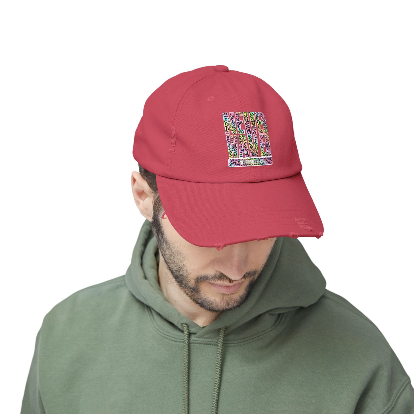 Unisex Distressed Cap - 'NEVER WAVER' Inspirational Hat for Everyday Wear Multi Color Leopard