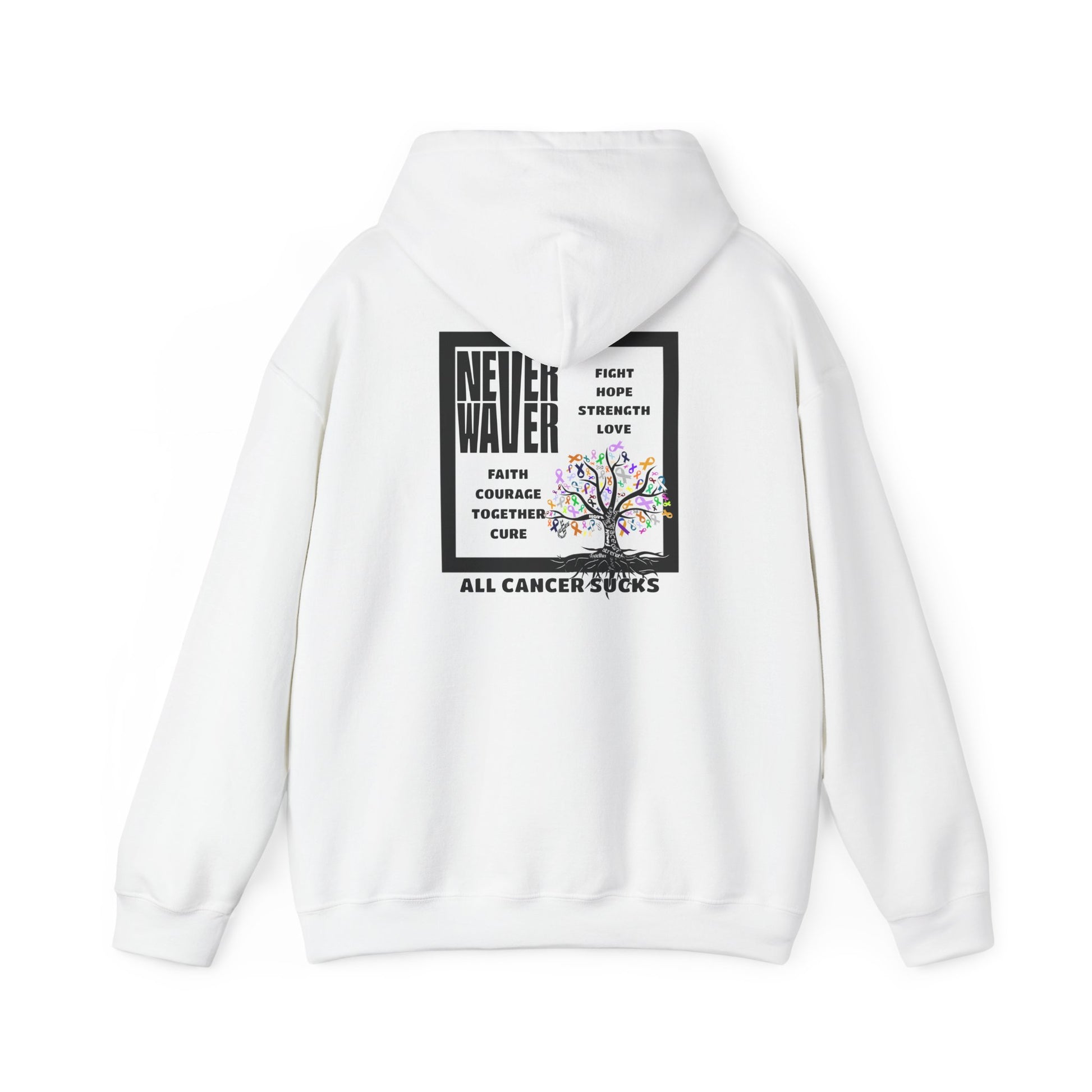 Cancer Awareness Hoodie - Never Waver - Fight, Hope, Strength, Love Tree of Ribbons - Never Waver