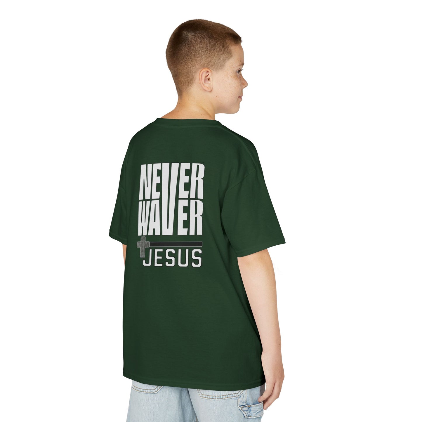 Kids Golf Tee -Never Waver” Jesus a bold, eye-catching design that reflects a steadfast faith and confidence in Christ. - Never Waver
