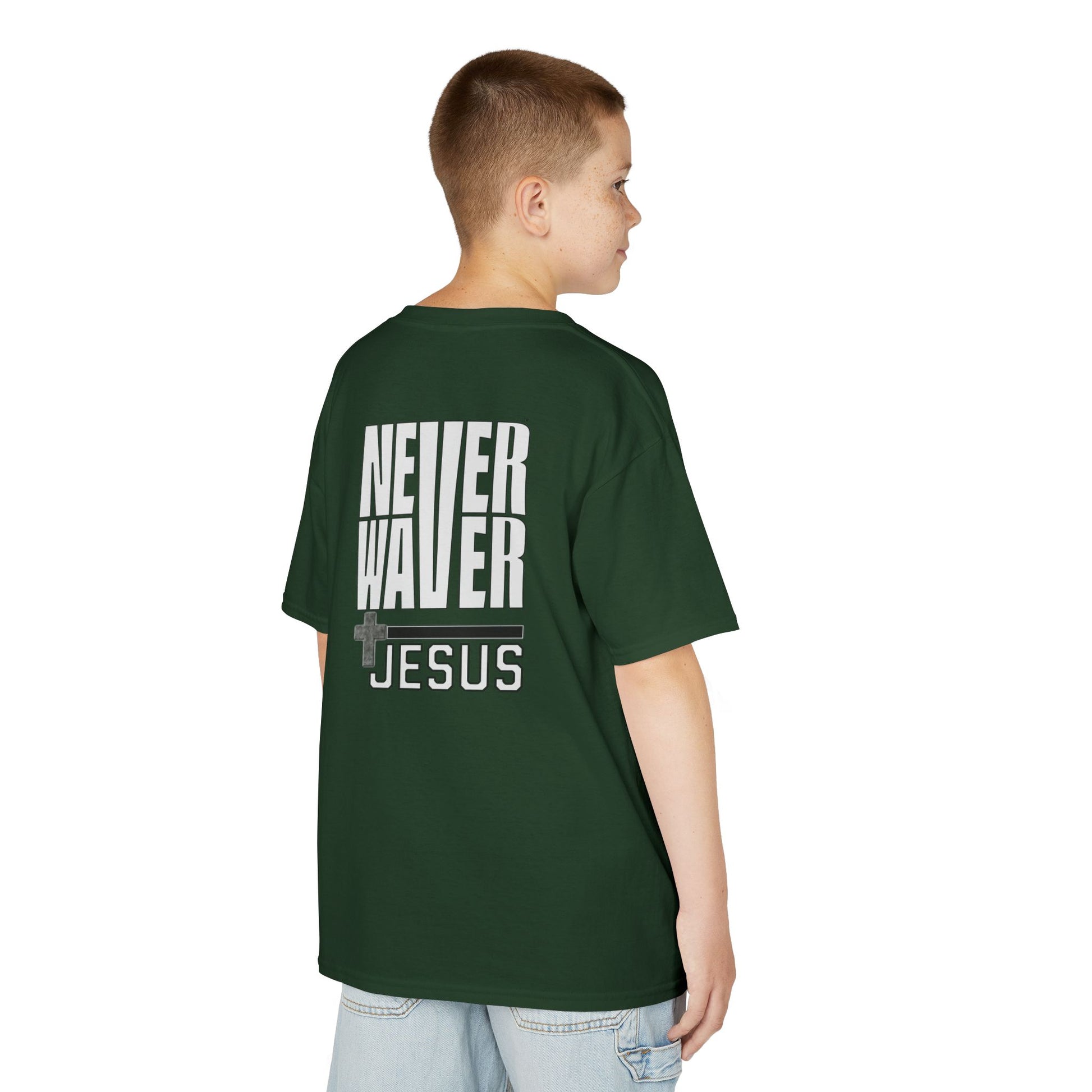 Kids Golf Tee -Never Waver” Jesus a bold, eye-catching design that reflects a steadfast faith and confidence in Christ. - Never Waver