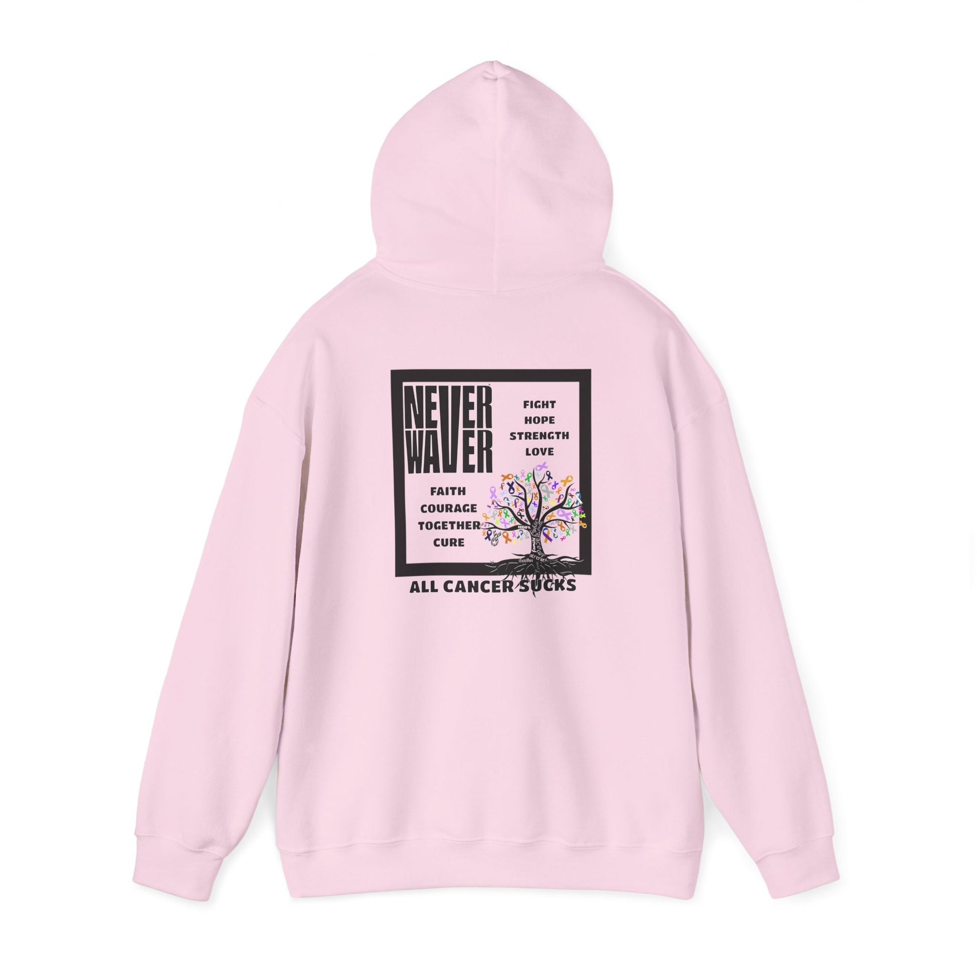 Cancer Awareness Hoodie - Never Waver - Fight, Hope, Strength, Love Tree of Ribbons - Never Waver