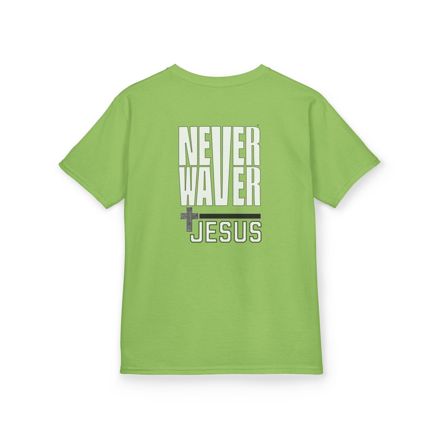 Kids Golf Tee -Never Waver” Jesus a bold, eye-catching design that reflects a steadfast faith and confidence in Christ. - Never Waver