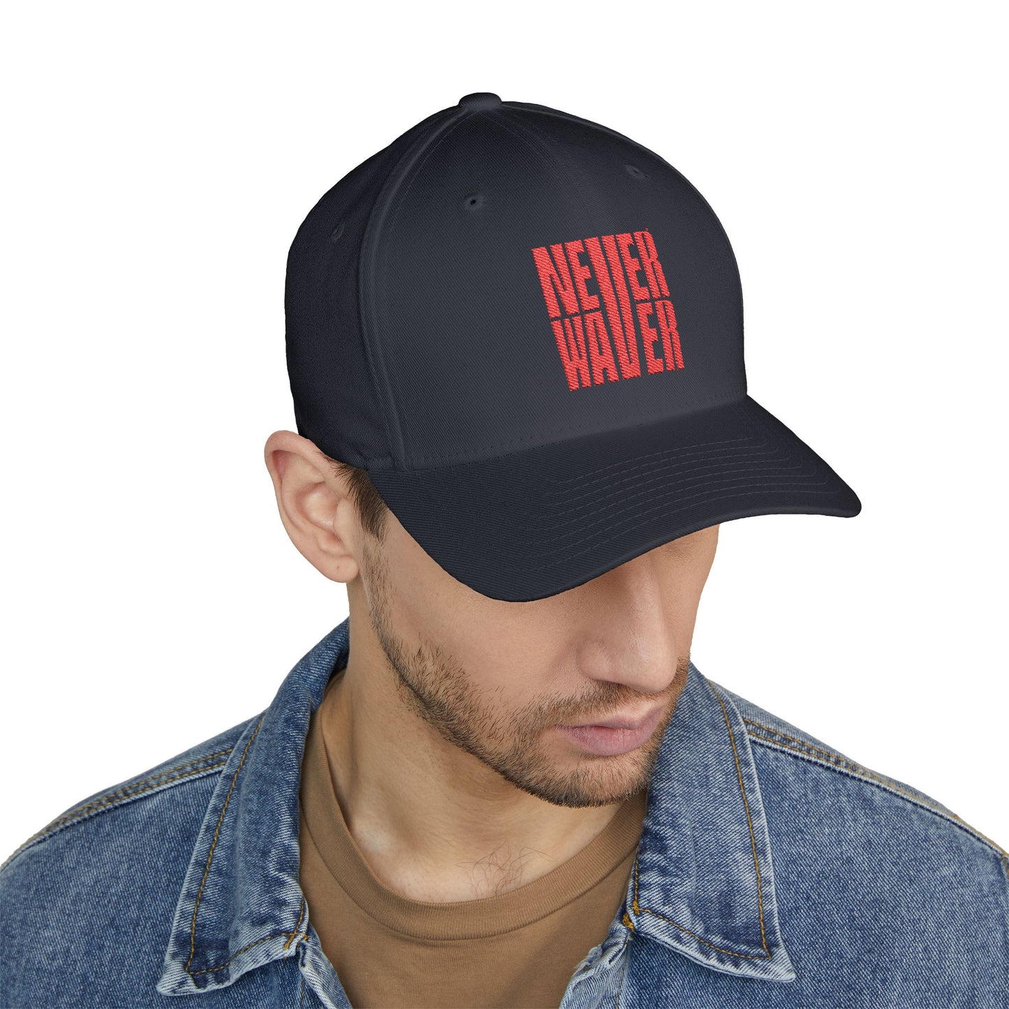 Stylish Embroidered Cap - "NEVER WAVER" Red Baseball Hat