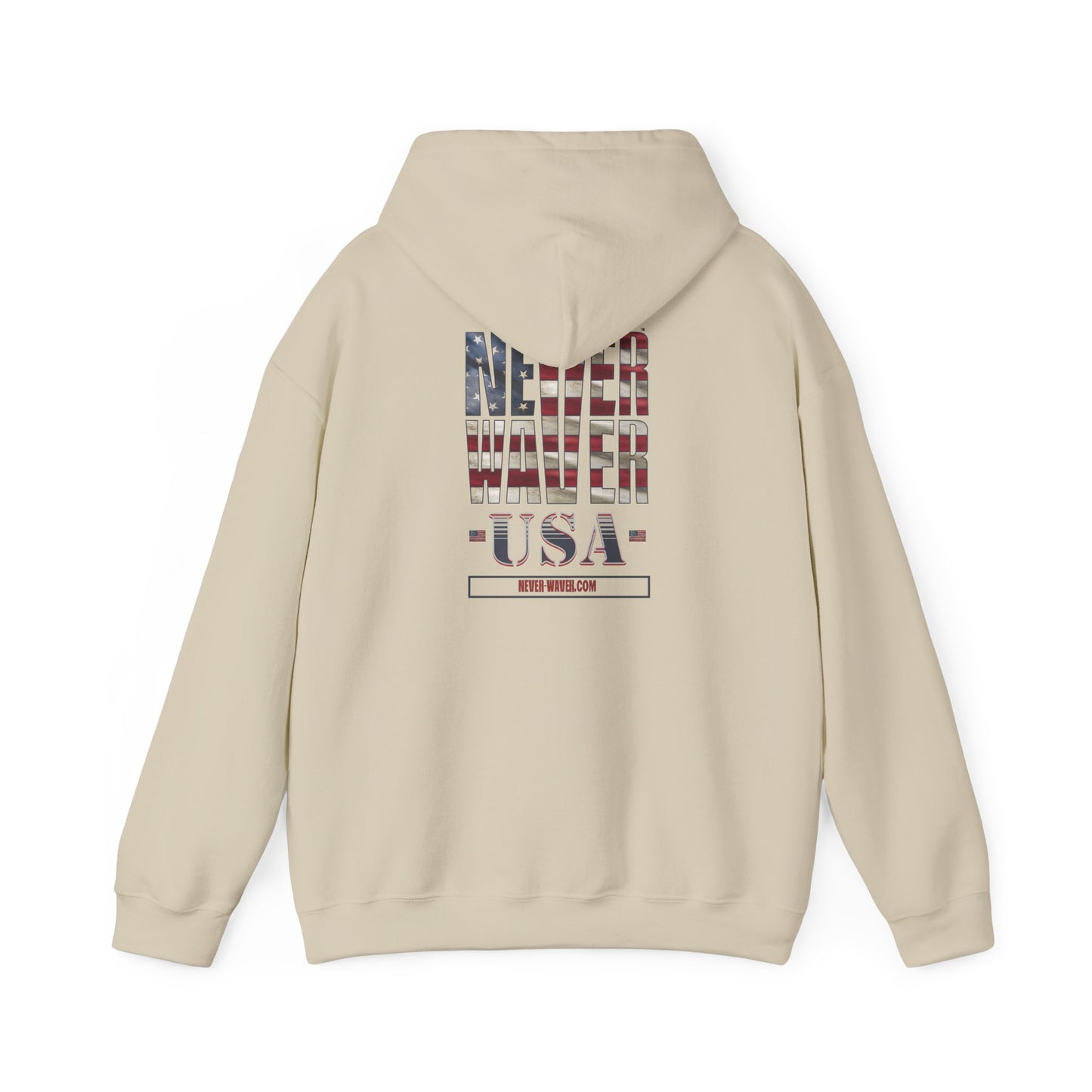 Unisex Heavy Blend™ Hooded Sweatshirt - 'Never Waver' USA Flag Design - Never Waver