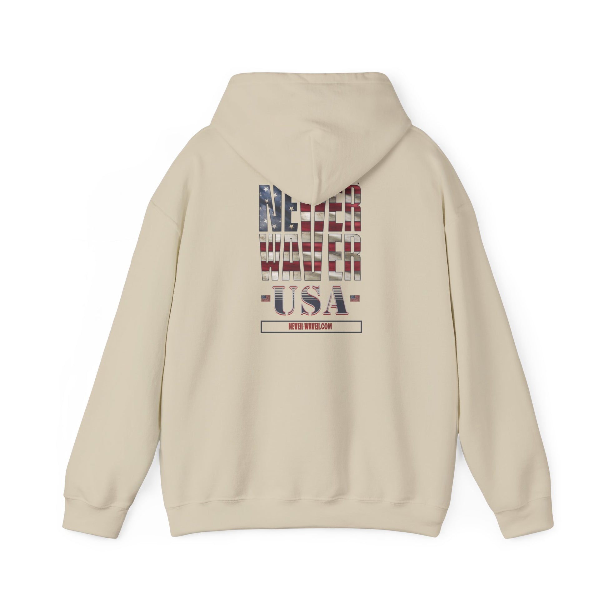 Unisex Heavy Blend™ Hooded Sweatshirt - 'Never Waver' USA Flag Design - Never Waver