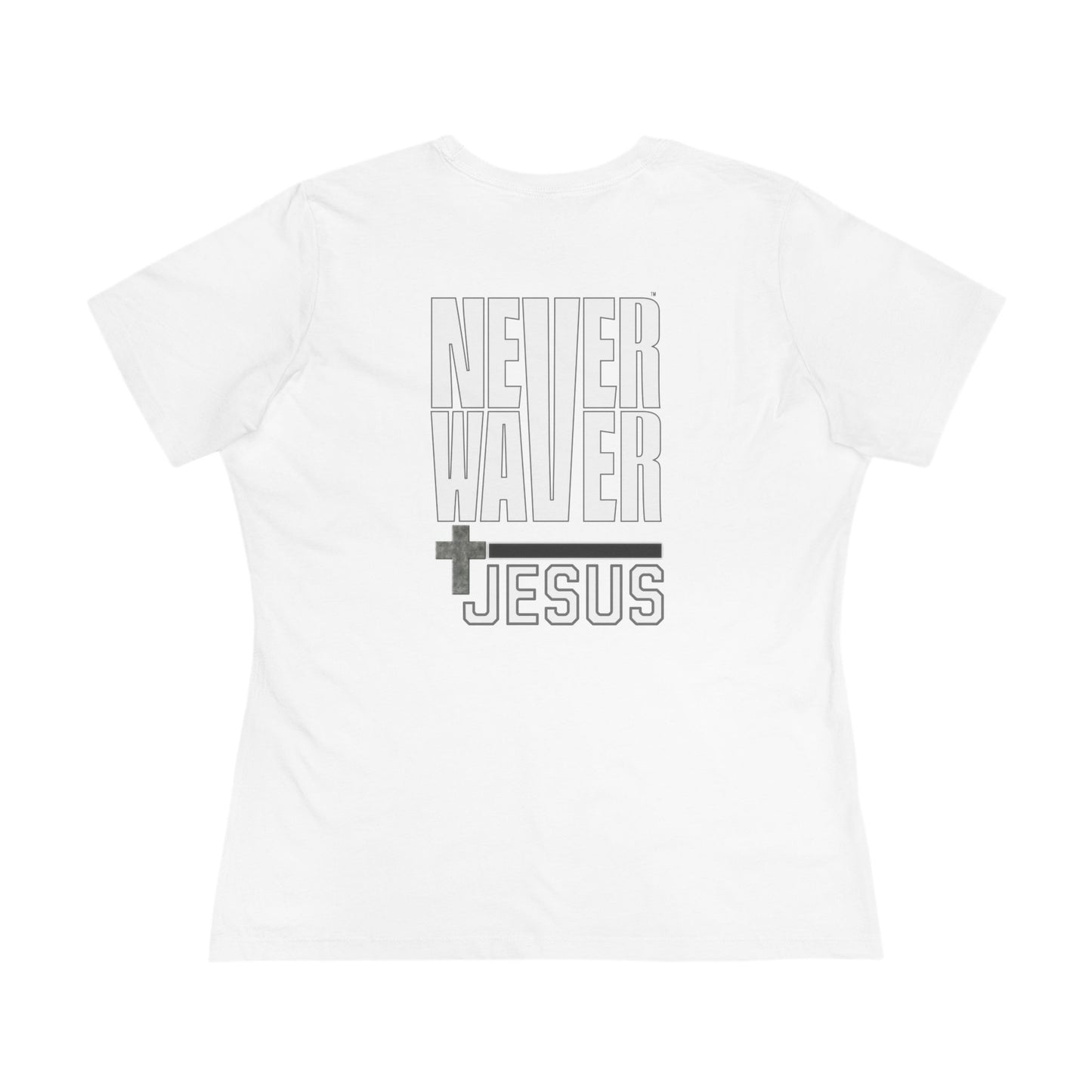 Never Waver” Jesus bold, eye-catching design that reflects a steadfast faith and confidence in Christ. Women's Cotton Tee - Never Waver