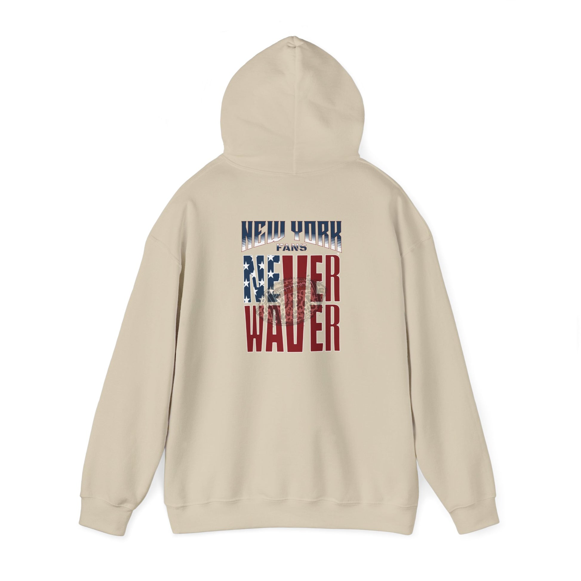 Unisex Heavy Blend™ Hooded Sweatshirt - 'New York Fans Never Waver W Leopard Football' American Pride Design - Never Waver