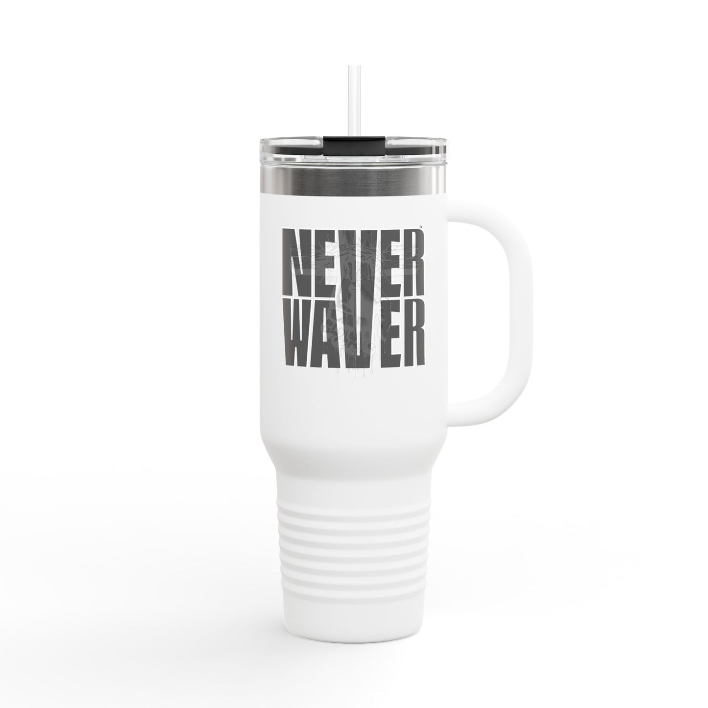 Insulated Travel Mug - "Never Wave Jesus  feature a bold, eye-catching design that reflects a steadfast faith and confidence in Christ. " - 40oz Sporty Drinkware - Never Waver