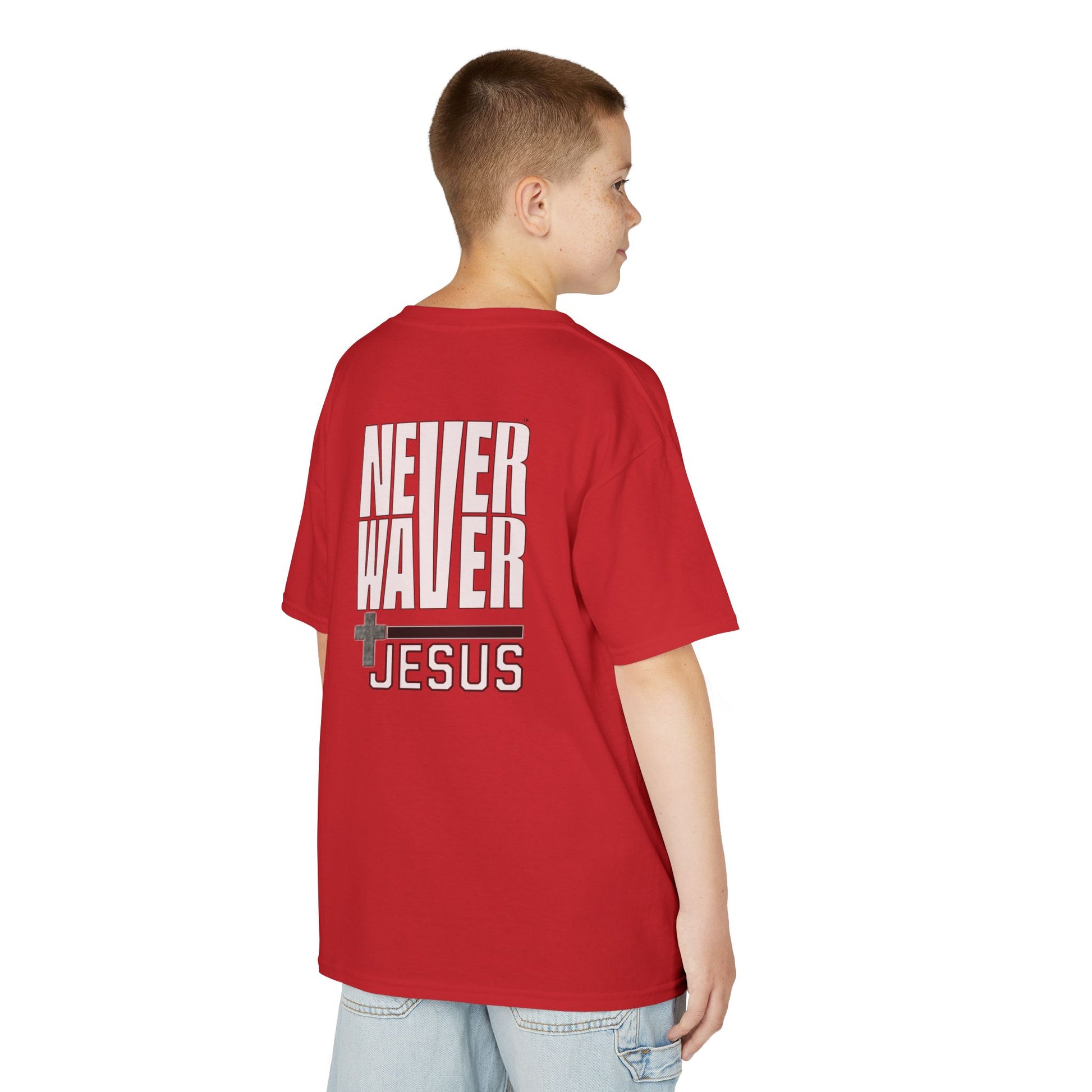 Kids Golf Tee -Never Waver” Jesus a bold, eye-catching design that reflects a steadfast faith and confidence in Christ. - Never Waver