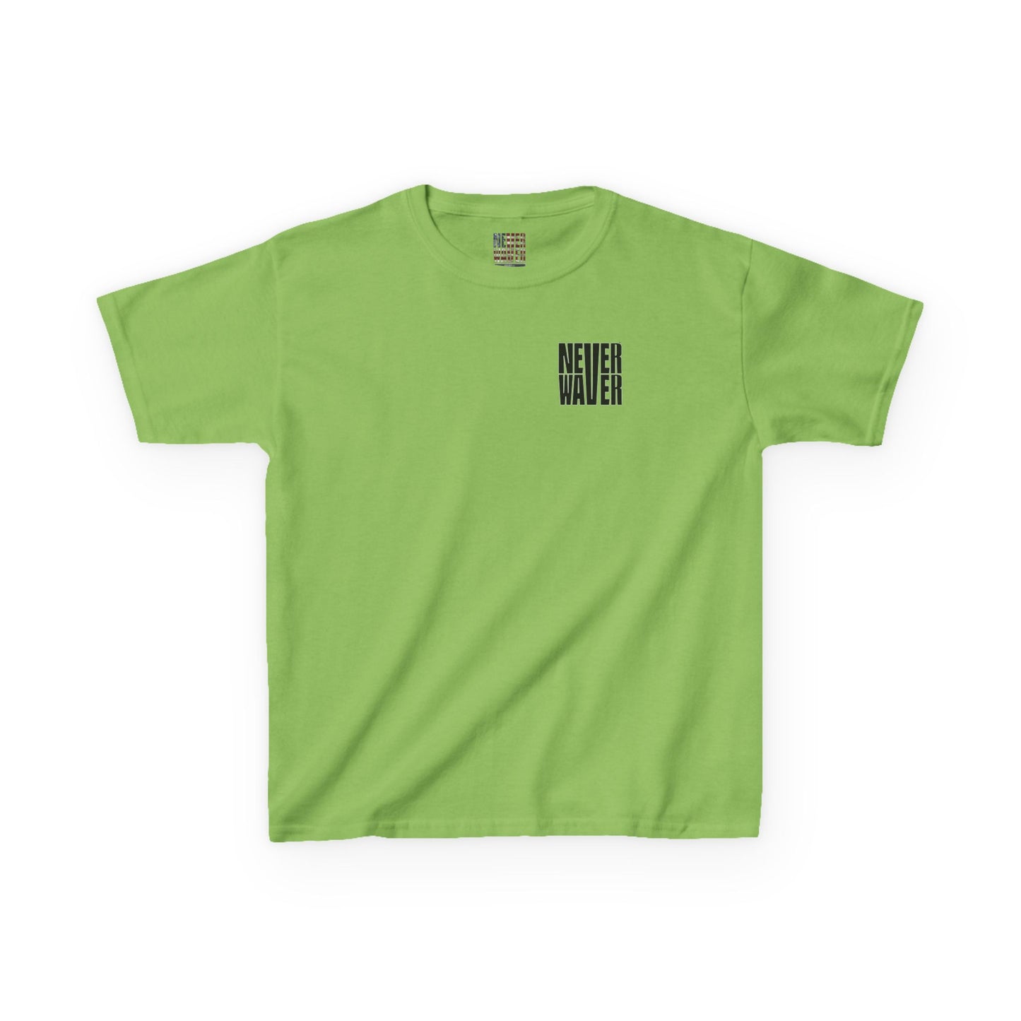 Kids Tee Never Waver” Jesus t-shirt might feature a bold, eye-catching design that reflects a steadfast faith and confidence in Christ.  - Never Waver