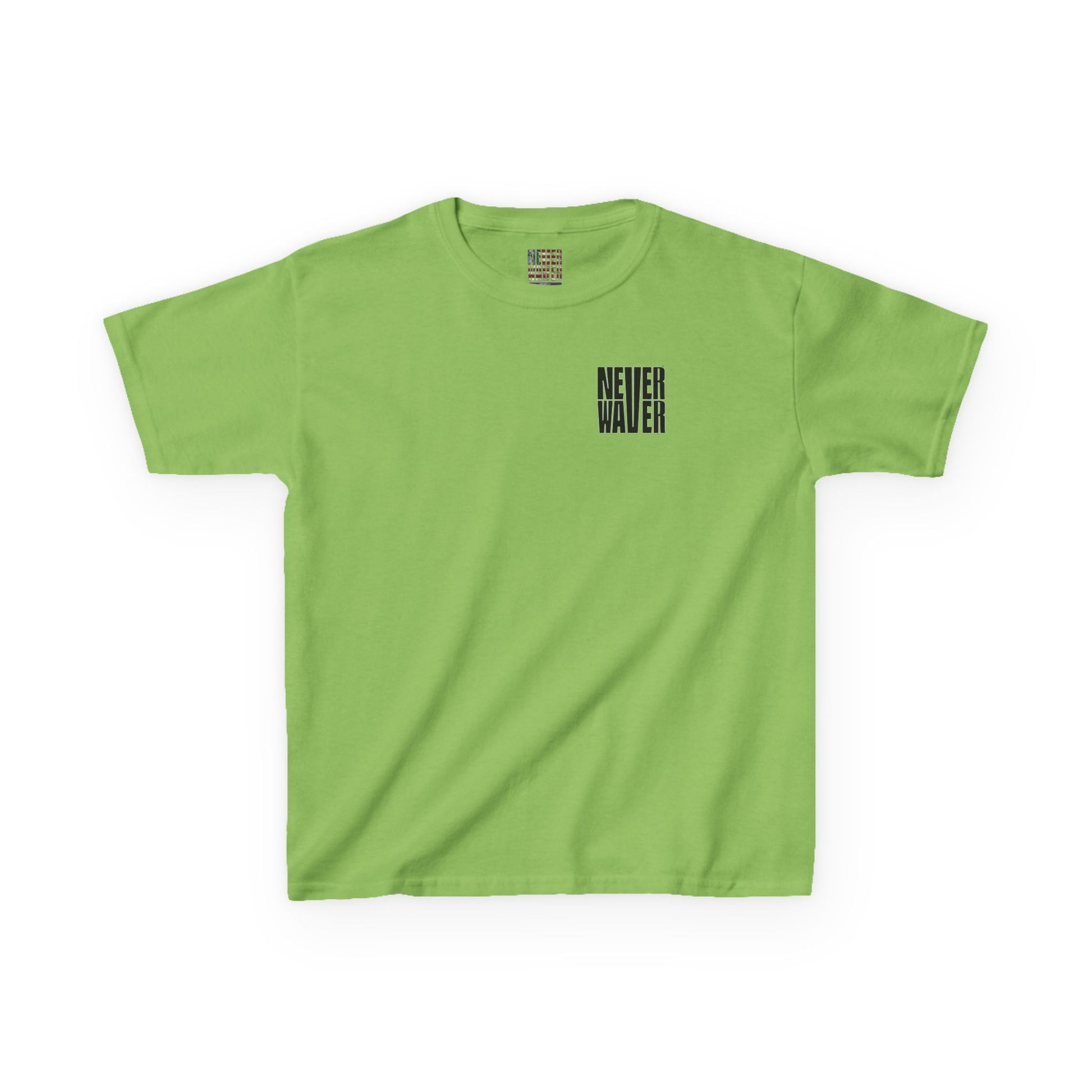 Kids Tee Never Waver” Jesus t-shirt might feature a bold, eye-catching design that reflects a steadfast faith and confidence in Christ.  - Never Waver