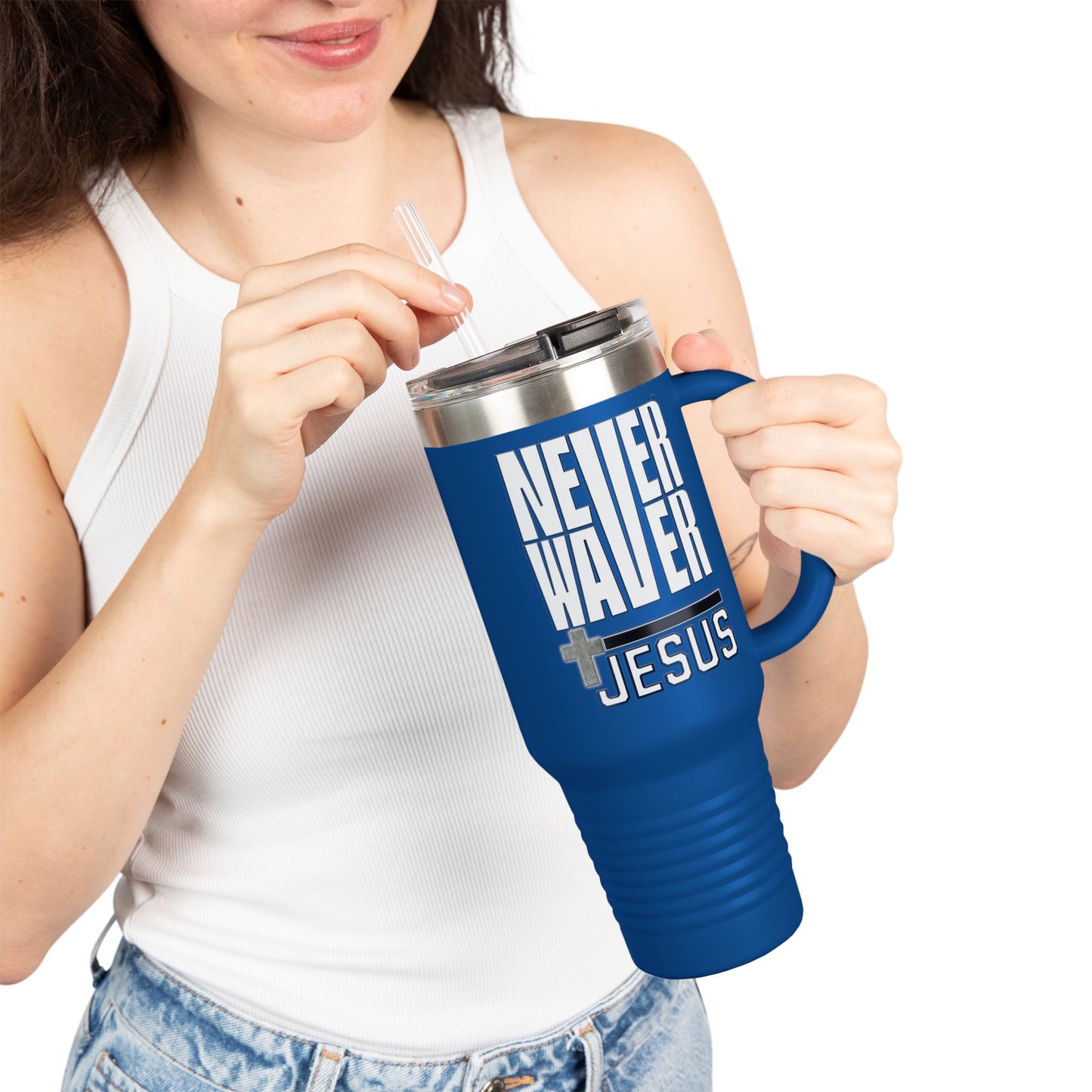 Insulated Travel Mug - "Never Waver” Jesus a bold, eye-catching design that reflects a steadfast faith and confidence in Christ. " - 40oz Sporty Drinkware - Never Waver