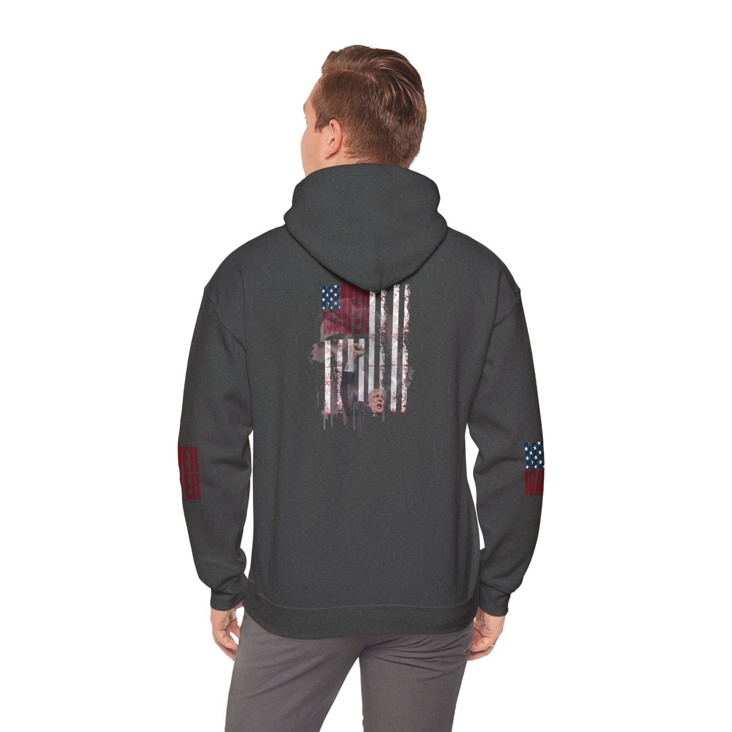 Unisex Heavy Blend™ Hooded Sweatshirt - Stylish Comfort with 'Never Waver Trump Fist Pump W Jesus  Protection' Design - Never Waver