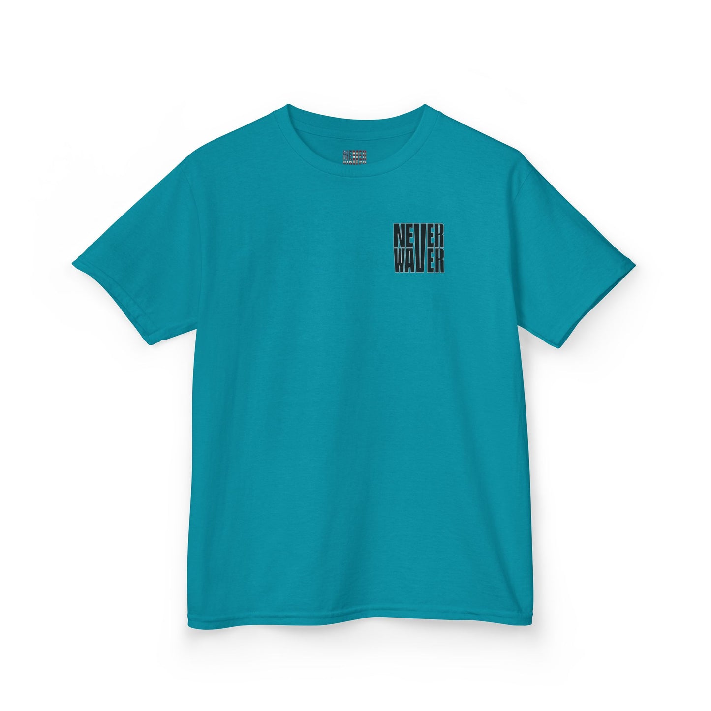 Kids Tee Never Waver” Jesus t-shirt might feature a bold, eye-catching design that reflects a steadfast faith and confidence in Christ.  - Never Waver