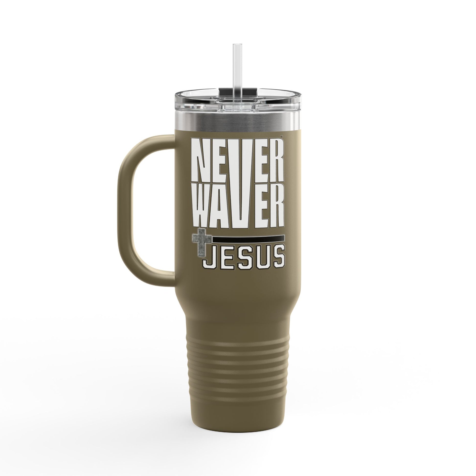 Insulated Travel Mug - "Never Waver” Jesus a bold, eye-catching design that reflects a steadfast faith and confidence in Christ. " - 40oz Sporty Drinkware - Never Waver