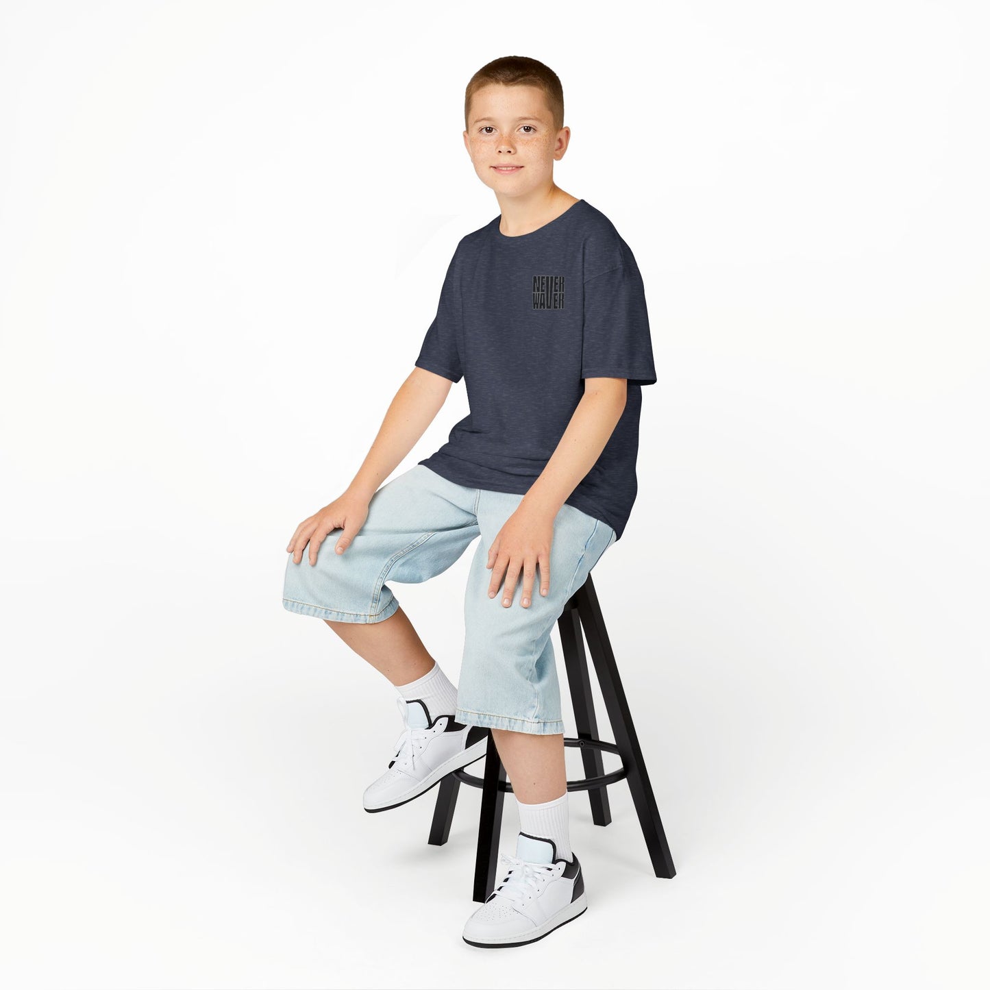 Kids Tee Never Waver” Jesus t-shirt might feature a bold, eye-catching design that reflects a steadfast faith and confidence in Christ.  - Never Waver
