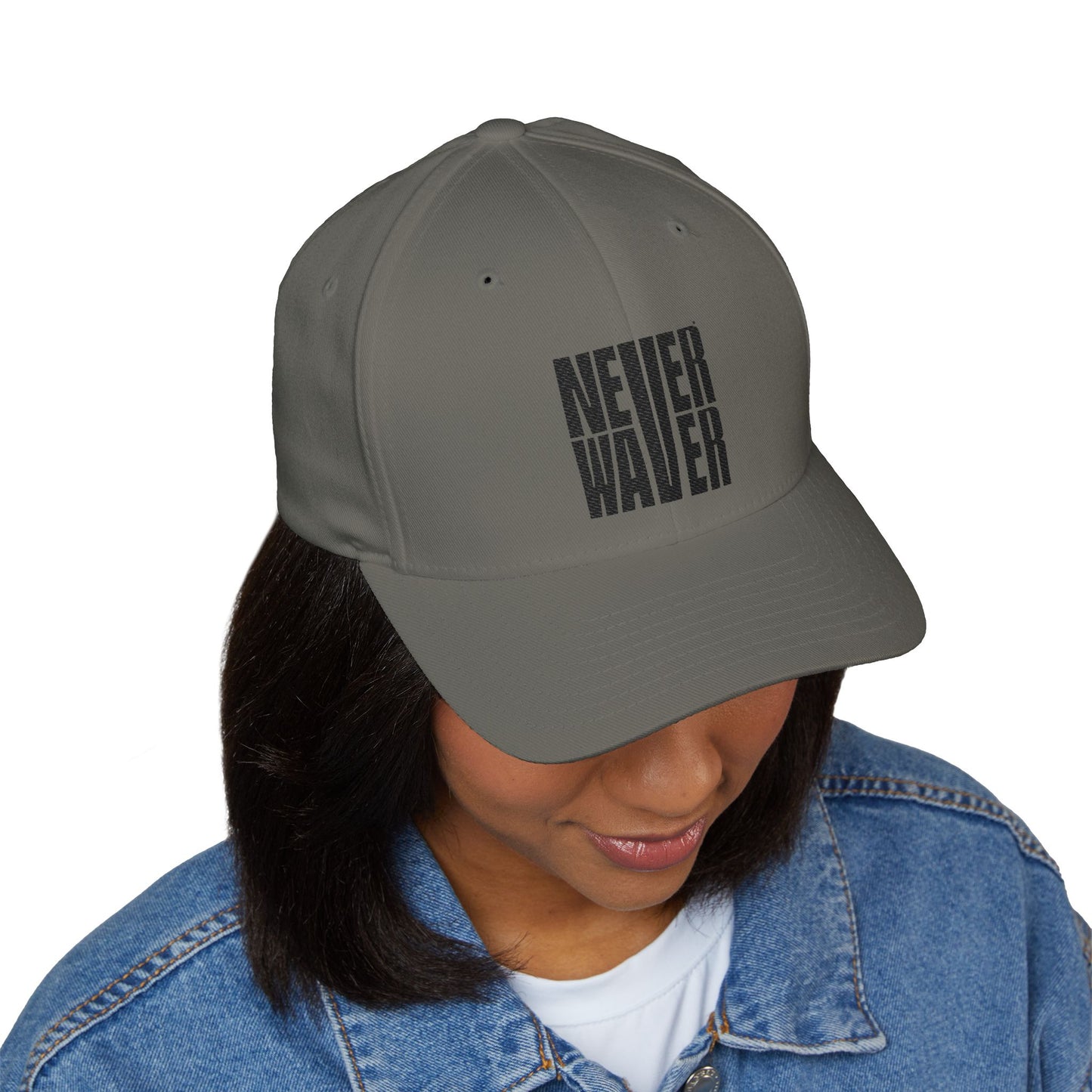 Never Waver Embroidered Cap - Structured White Baseball Hat for Motivation and Style