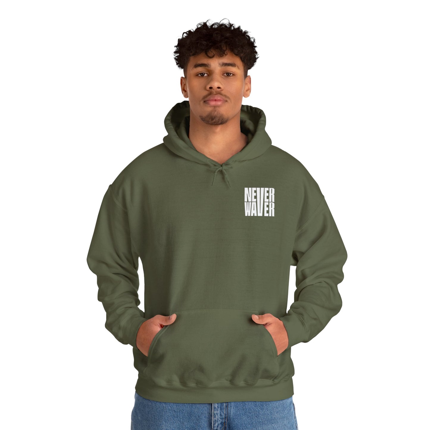 Never Waver” Jesus a bold, eye-catching design that reflects a steadfast faith and confidence in Christ. Hoodie - Unisex Heavy Blend™ Sweatshirt - Never Waver
