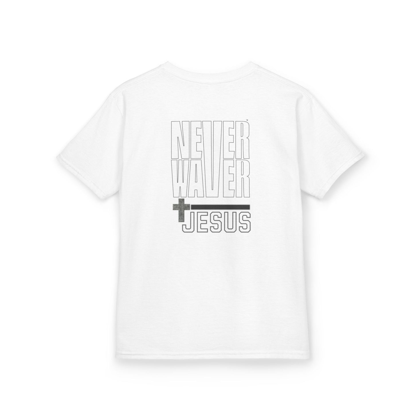 Kids Golf Tee -Never Waver” Jesus a bold, eye-catching design that reflects a steadfast faith and confidence in Christ. - Never Waver