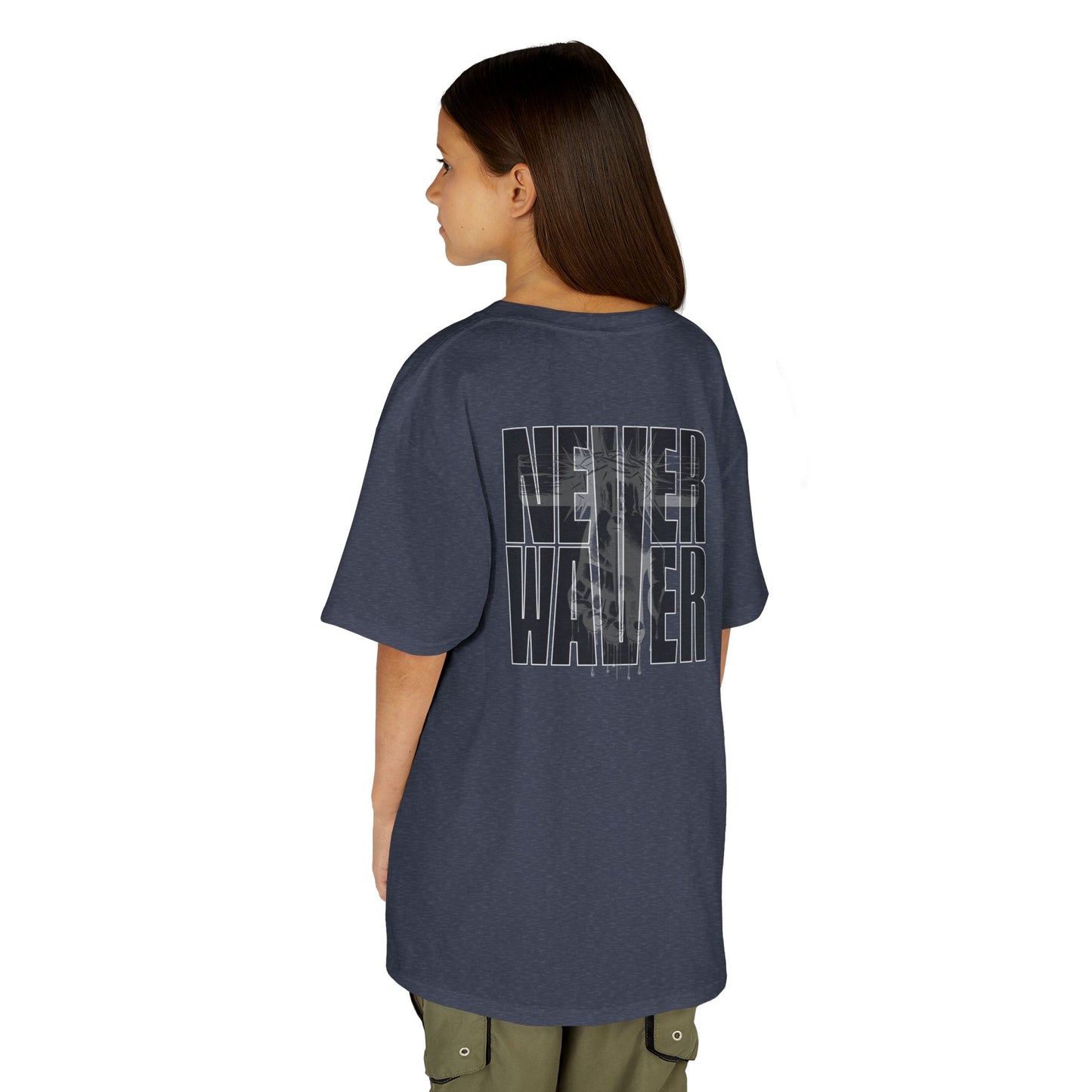 Kids Tee Never Waver” Jesus t-shirt might feature a bold, eye-catching design that reflects a steadfast faith and confidence in Christ.  - Never Waver