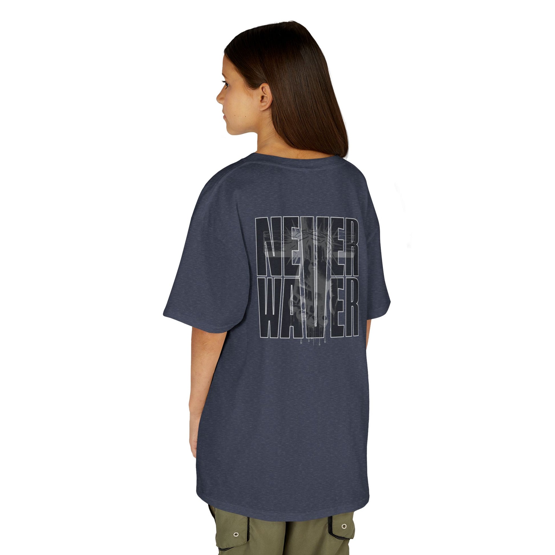 Kids Tee Never Waver” Jesus t-shirt might feature a bold, eye-catching design that reflects a steadfast faith and confidence in Christ.  - Never Waver