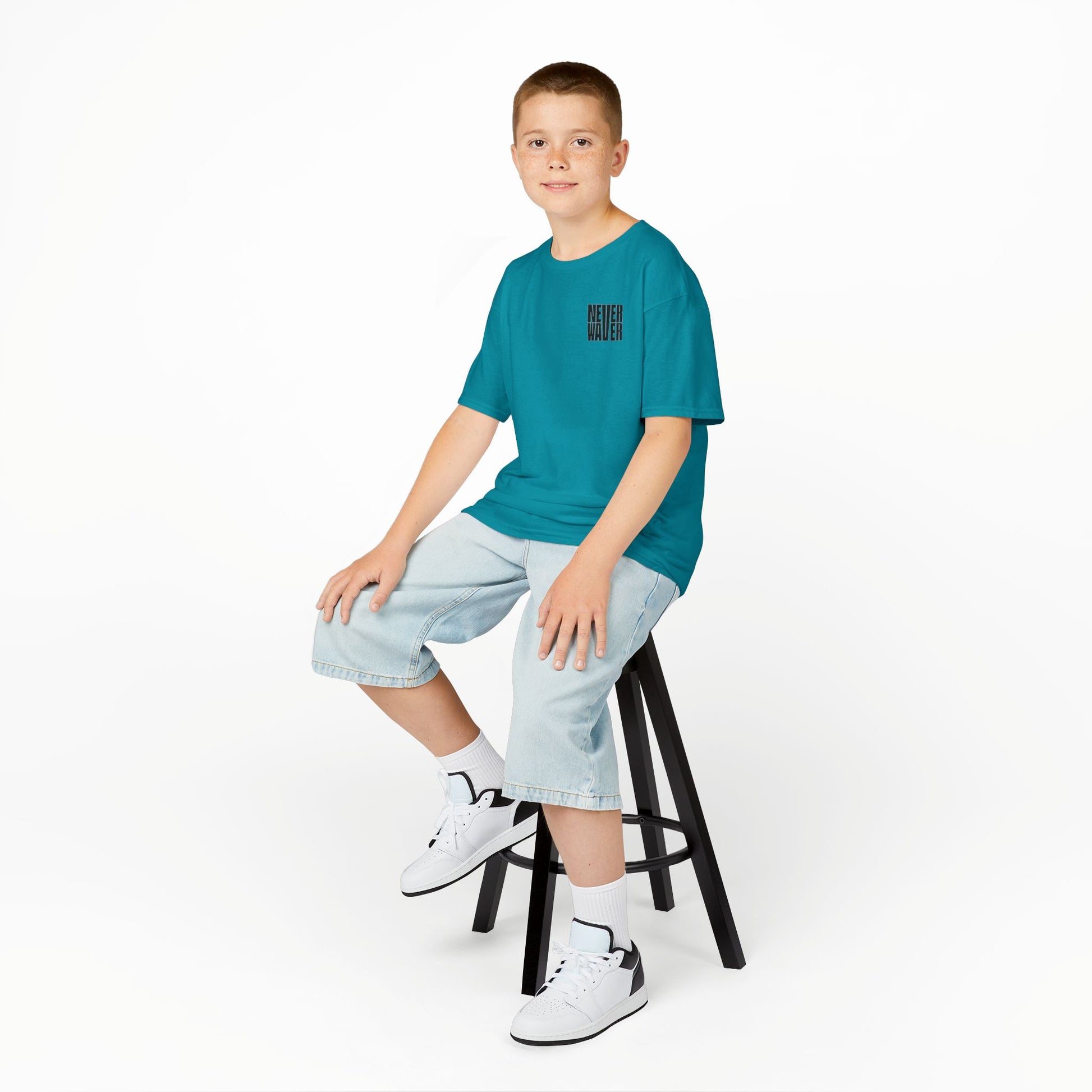 Kids Tee Never Waver” Jesus t-shirt might feature a bold, eye-catching design that reflects a steadfast faith and confidence in Christ.  - Never Waver
