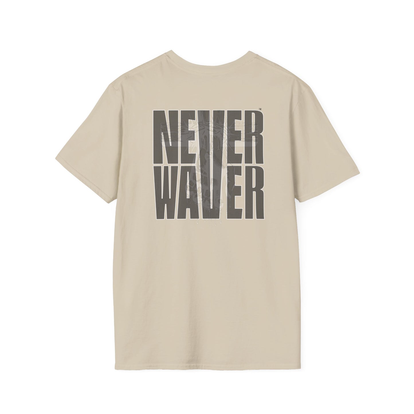 Never Waver” Jesus a bold, eye-catching design that reflects a steadfast faith and confidence in Christ. Unisex Soft style T-Shirt - Never Waver