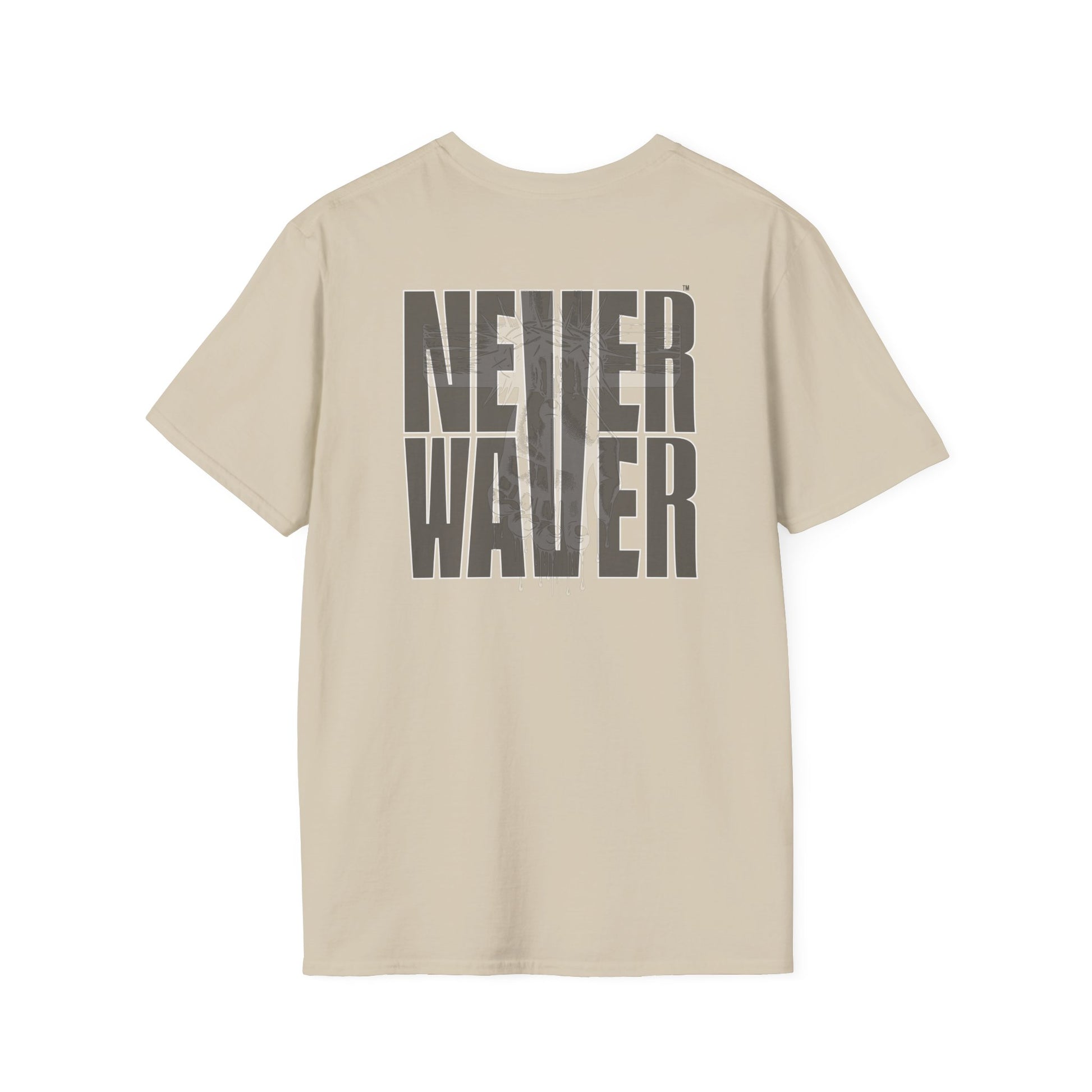 Never Waver” Jesus a bold, eye-catching design that reflects a steadfast faith and confidence in Christ. Unisex Soft style T-Shirt - Never Waver