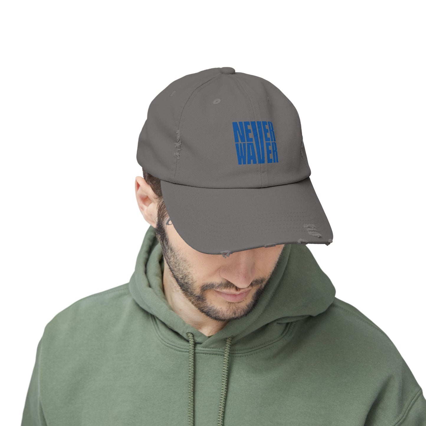 Unisex Distressed Cap - ‘NEVER WAVER’ Motivational Hat for Everyday Inspiration