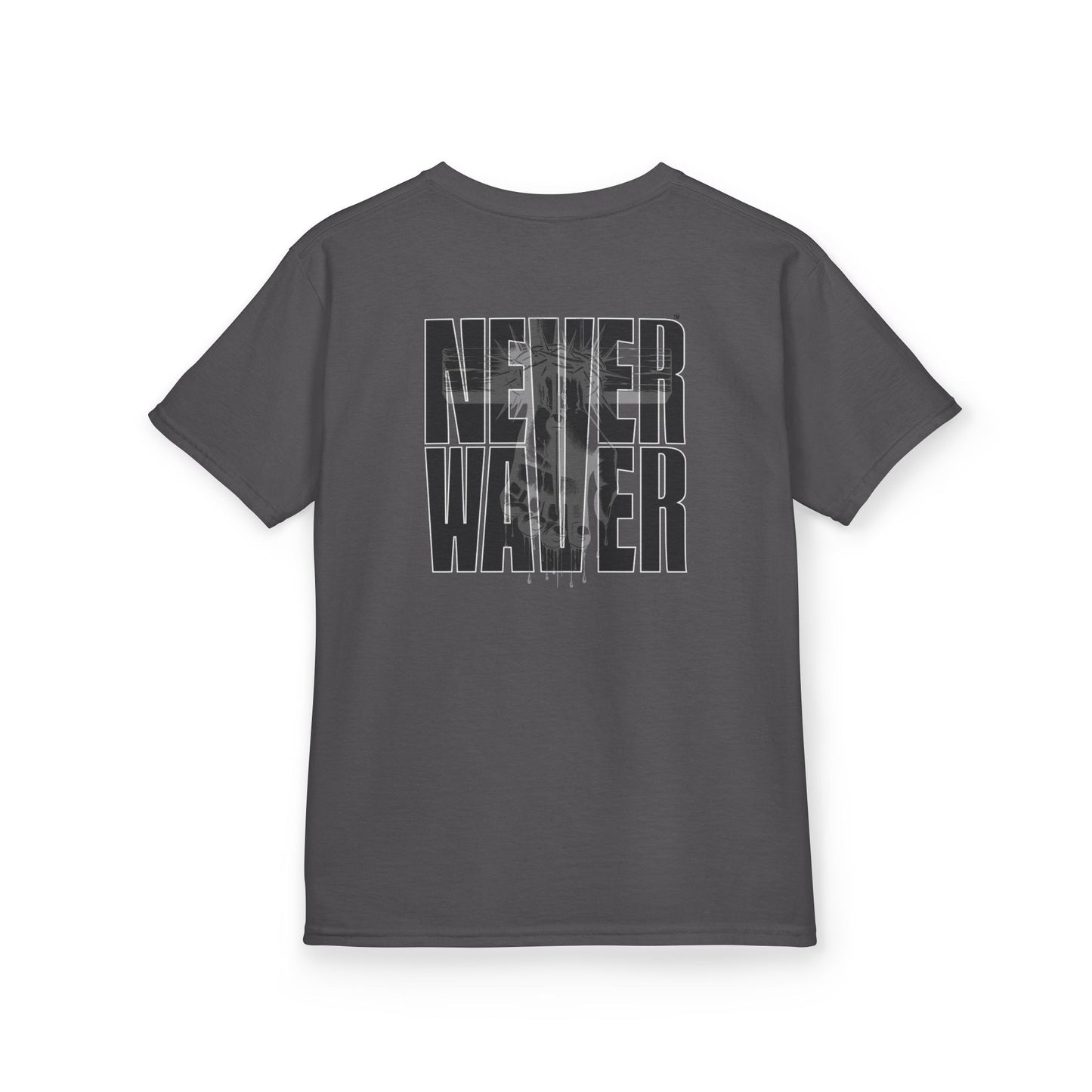 Kids Tee Never Waver” Jesus t-shirt might feature a bold, eye-catching design that reflects a steadfast faith and confidence in Christ.  - Never Waver