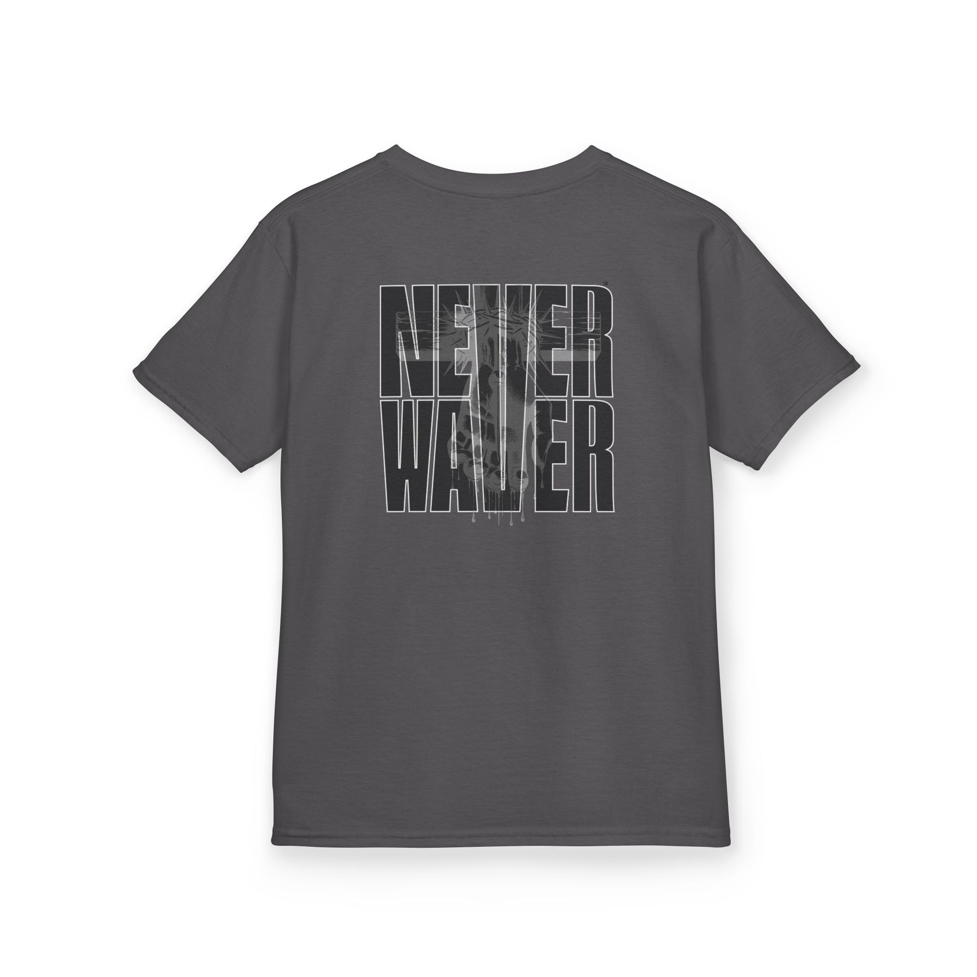 Kids Tee Never Waver” Jesus t-shirt might feature a bold, eye-catching design that reflects a steadfast faith and confidence in Christ.  - Never Waver