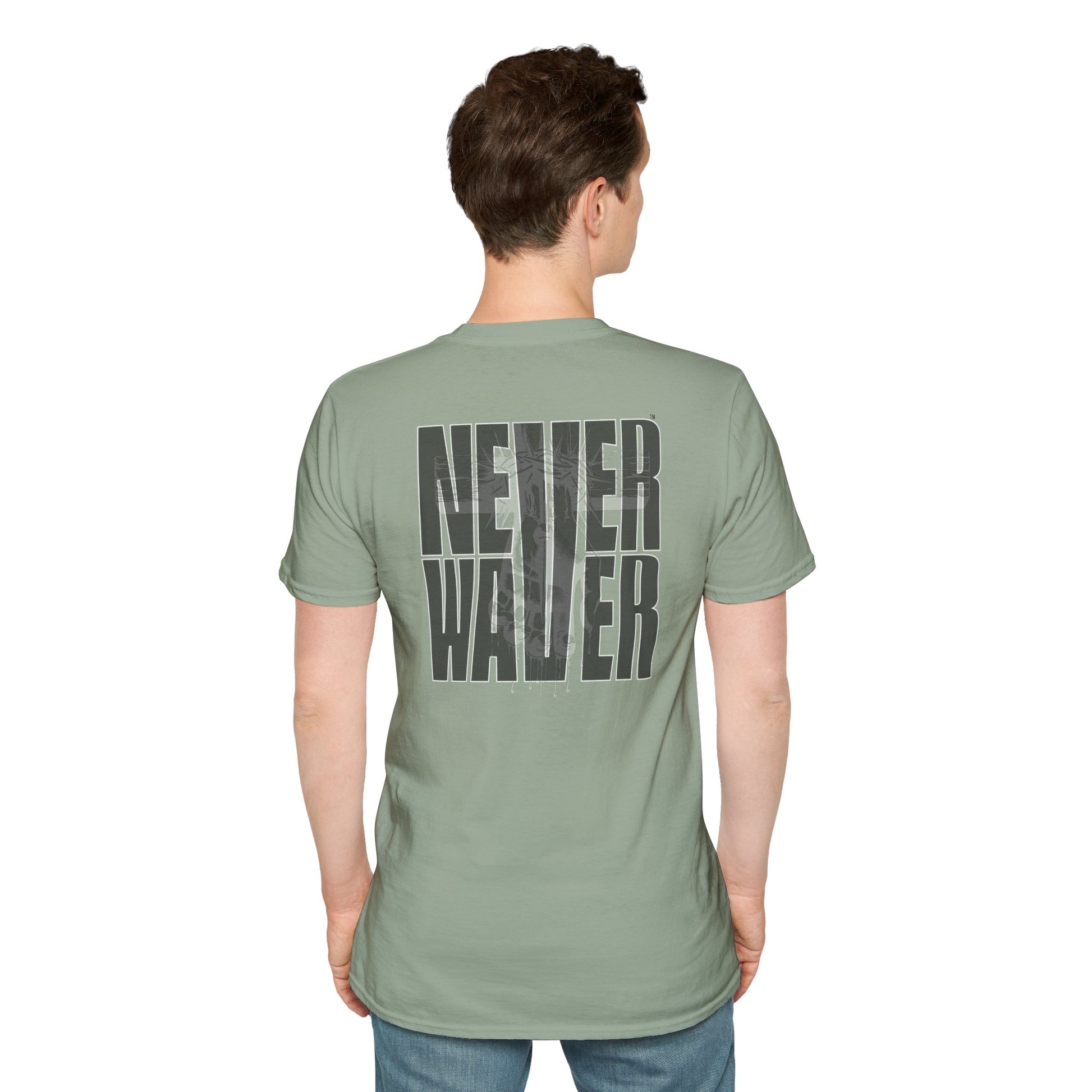 Never Waver” Jesus a bold, eye-catching design that reflects a steadfast faith and confidence in Christ. Unisex Soft style T-Shirt - Never Waver
