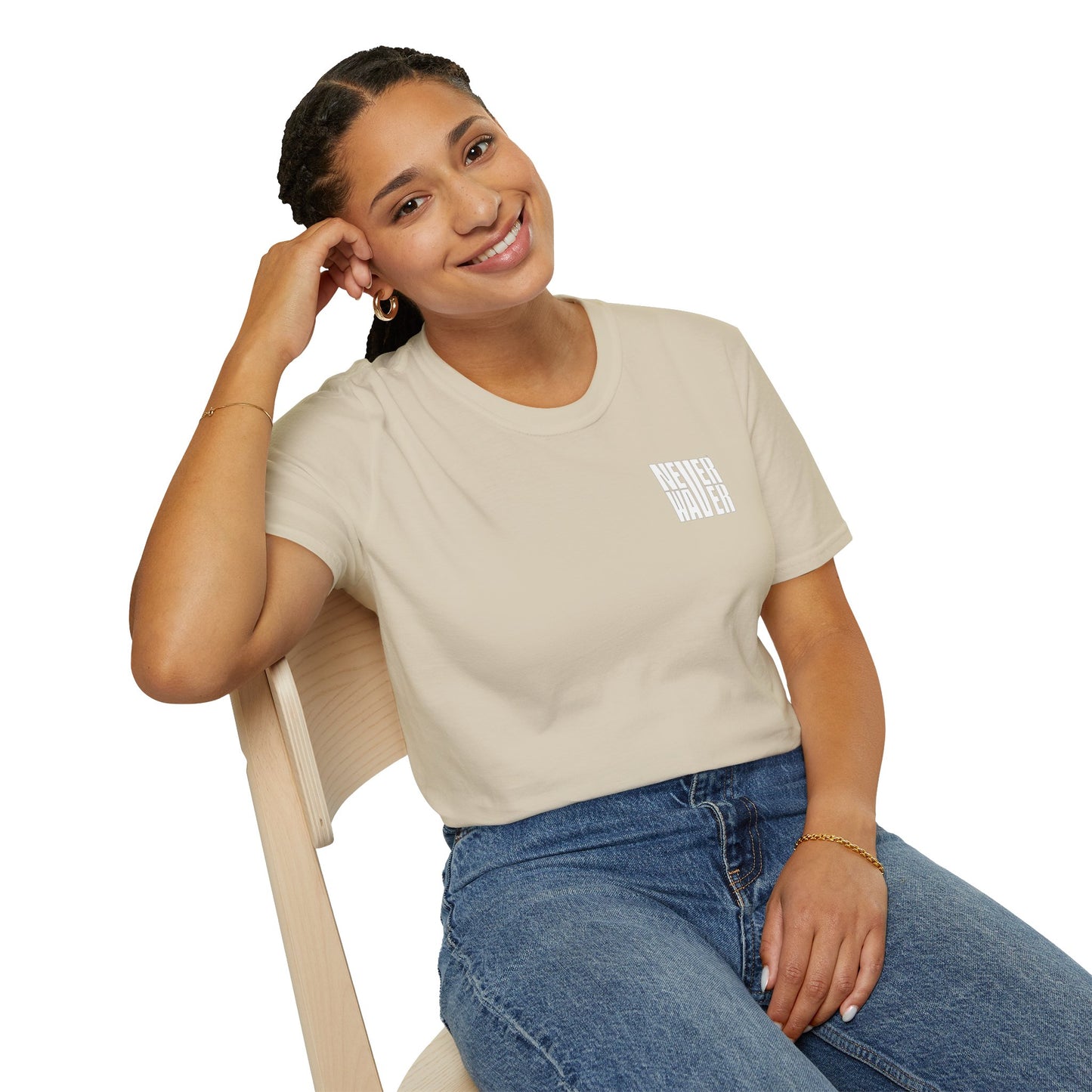Never Waver” Jesus a bold, eye-catching design that reflects a steadfast faith and confidence in Christ.  Unisex Soft style T-Shirt