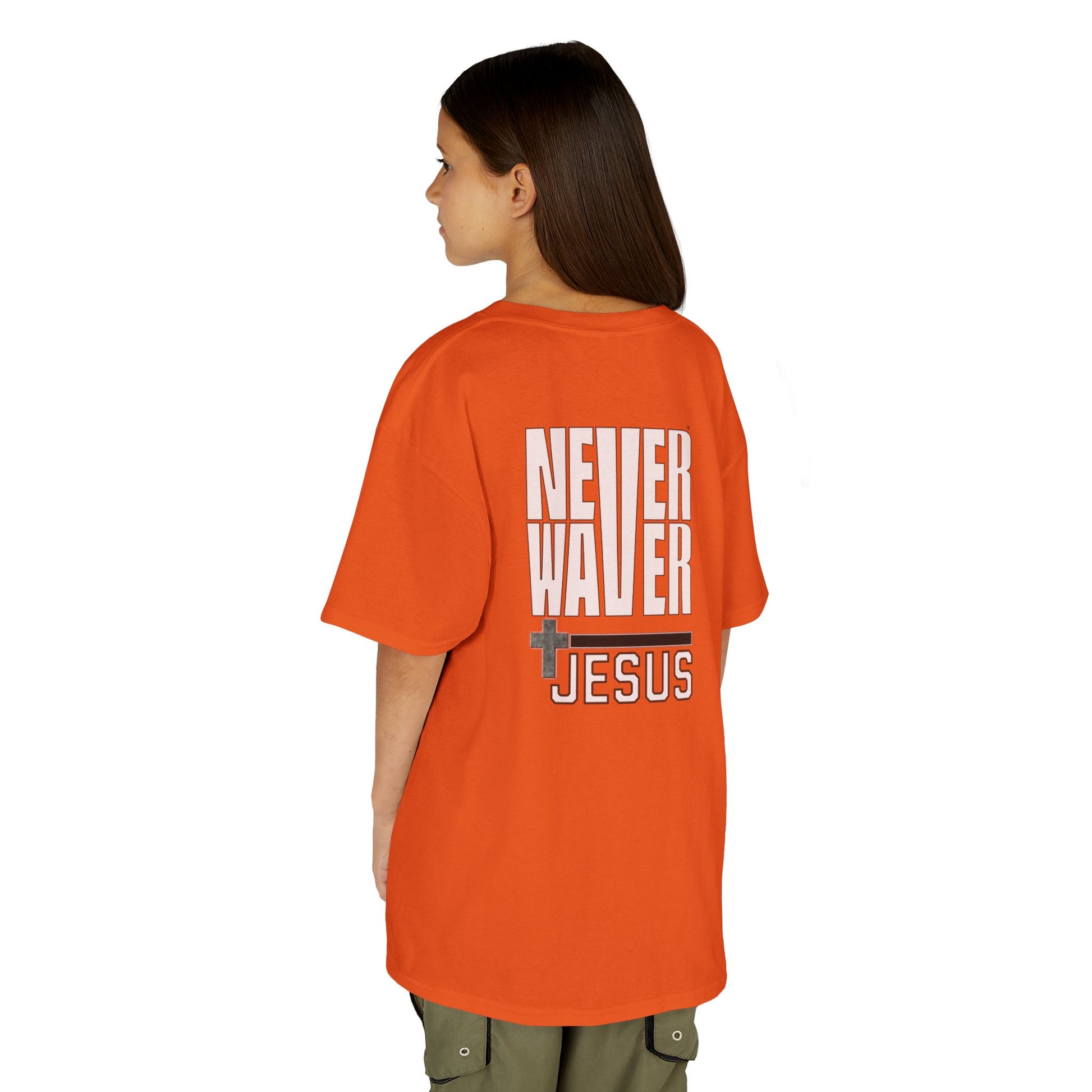 Kids Golf Tee -Never Waver” Jesus a bold, eye-catching design that reflects a steadfast faith and confidence in Christ. - Never Waver