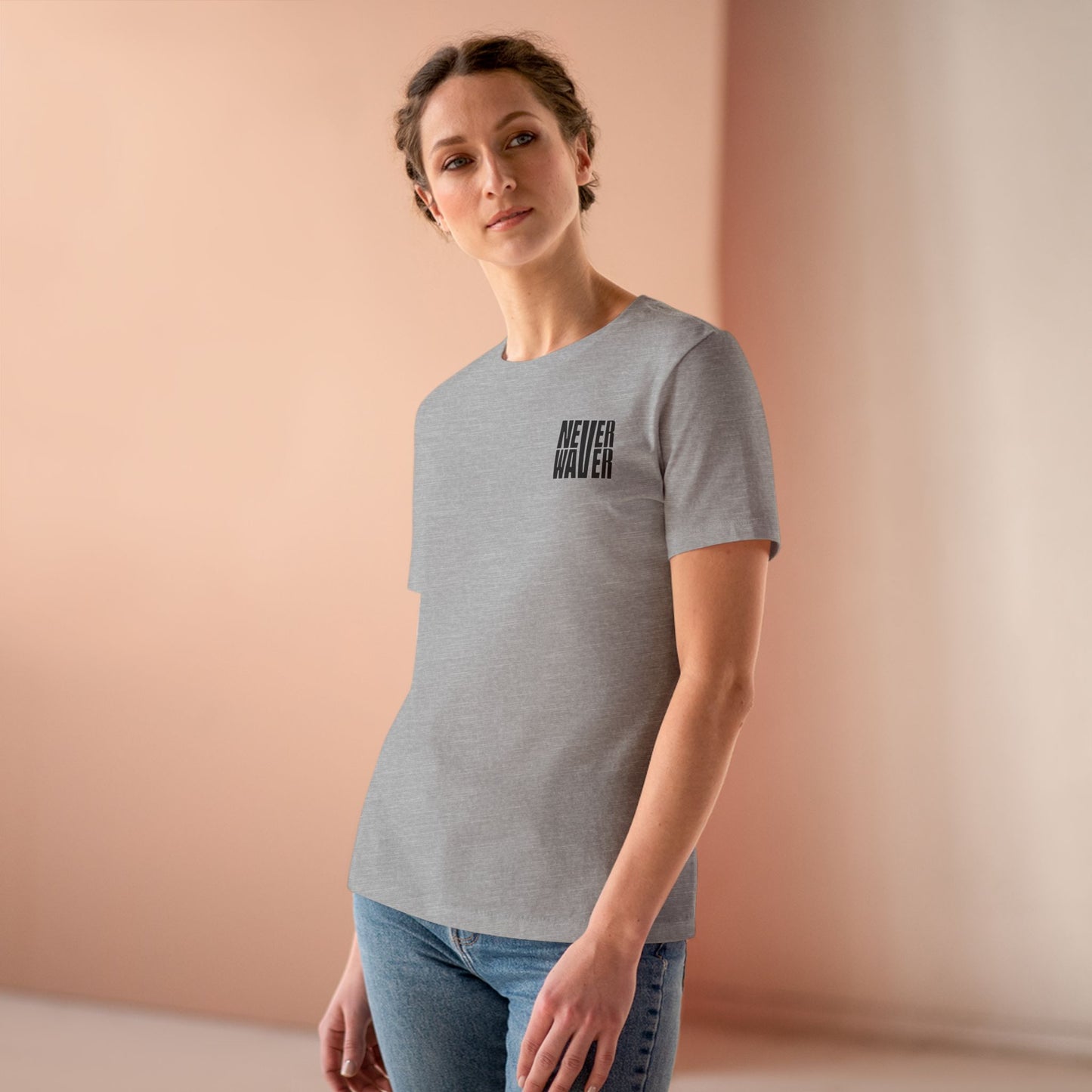Never Waver” Jesus t-shirt might feature a bold, eye-catching design that reflects a steadfast faith and confidence in Christ.  Women's Cotton Tee - Never Waver
