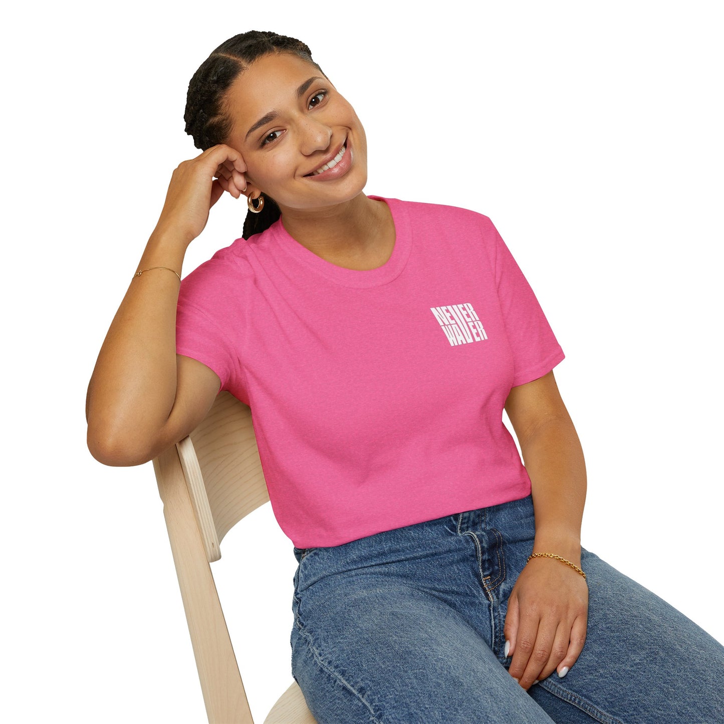 Never Waver” Jesus a bold, eye-catching design that reflects a steadfast faith and confidence in Christ.  Unisex Soft style T-Shirt