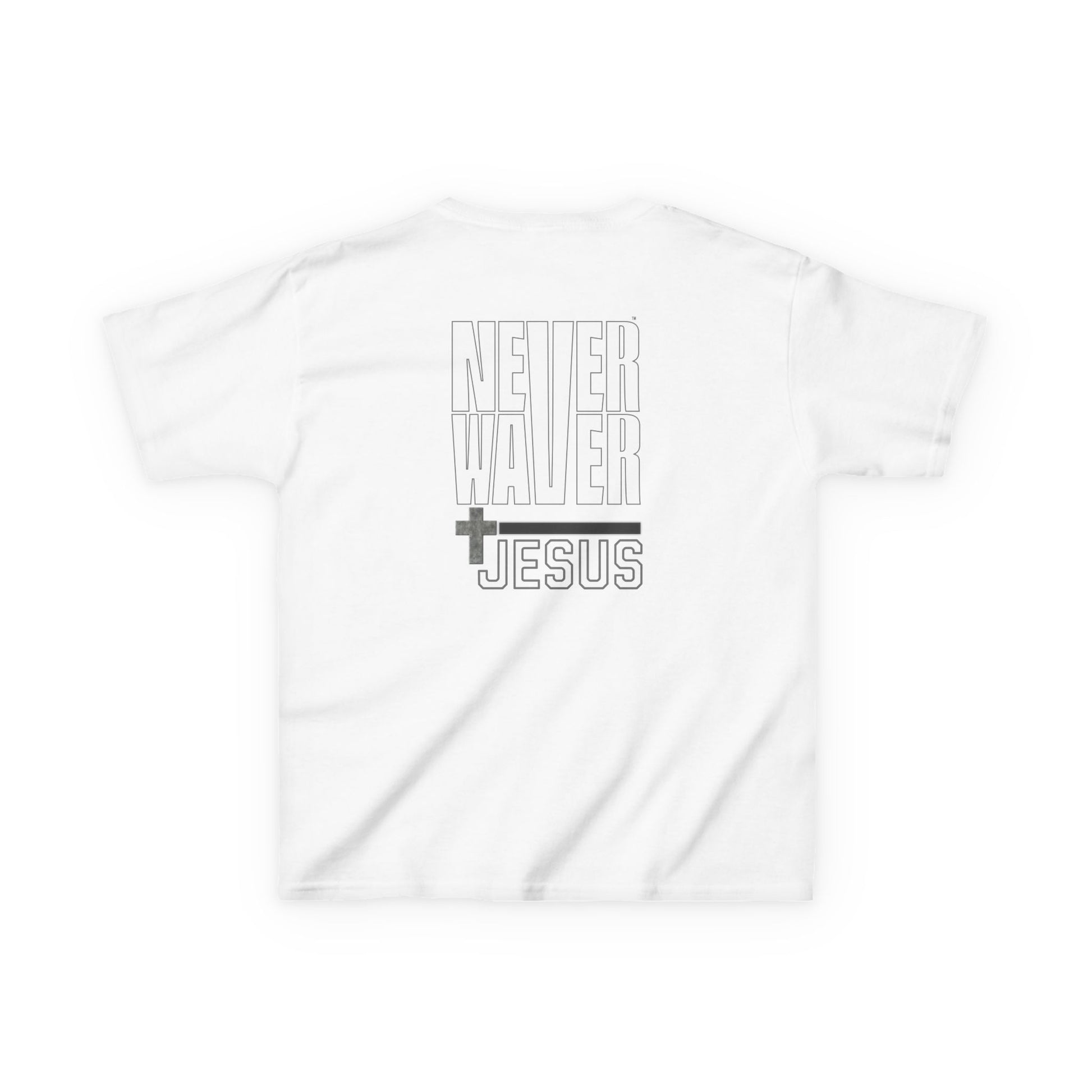 Kids Golf Tee -Never Waver” Jesus a bold, eye-catching design that reflects a steadfast faith and confidence in Christ. - Never Waver