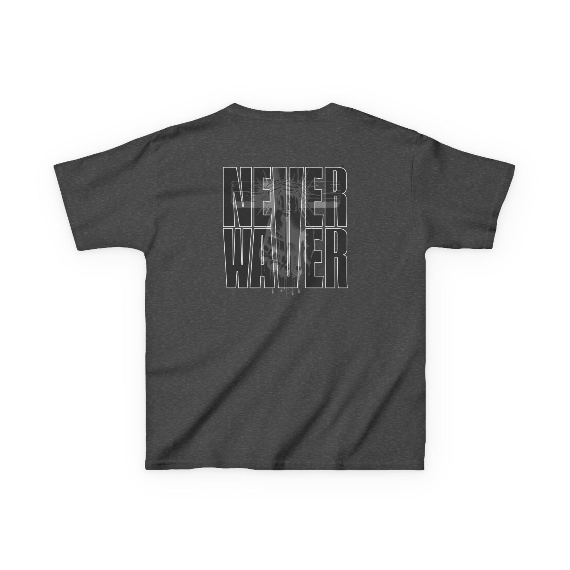 Kids Tee Never Waver” Jesus t-shirt might feature a bold, eye-catching design that reflects a steadfast faith and confidence in Christ.  - Never Waver