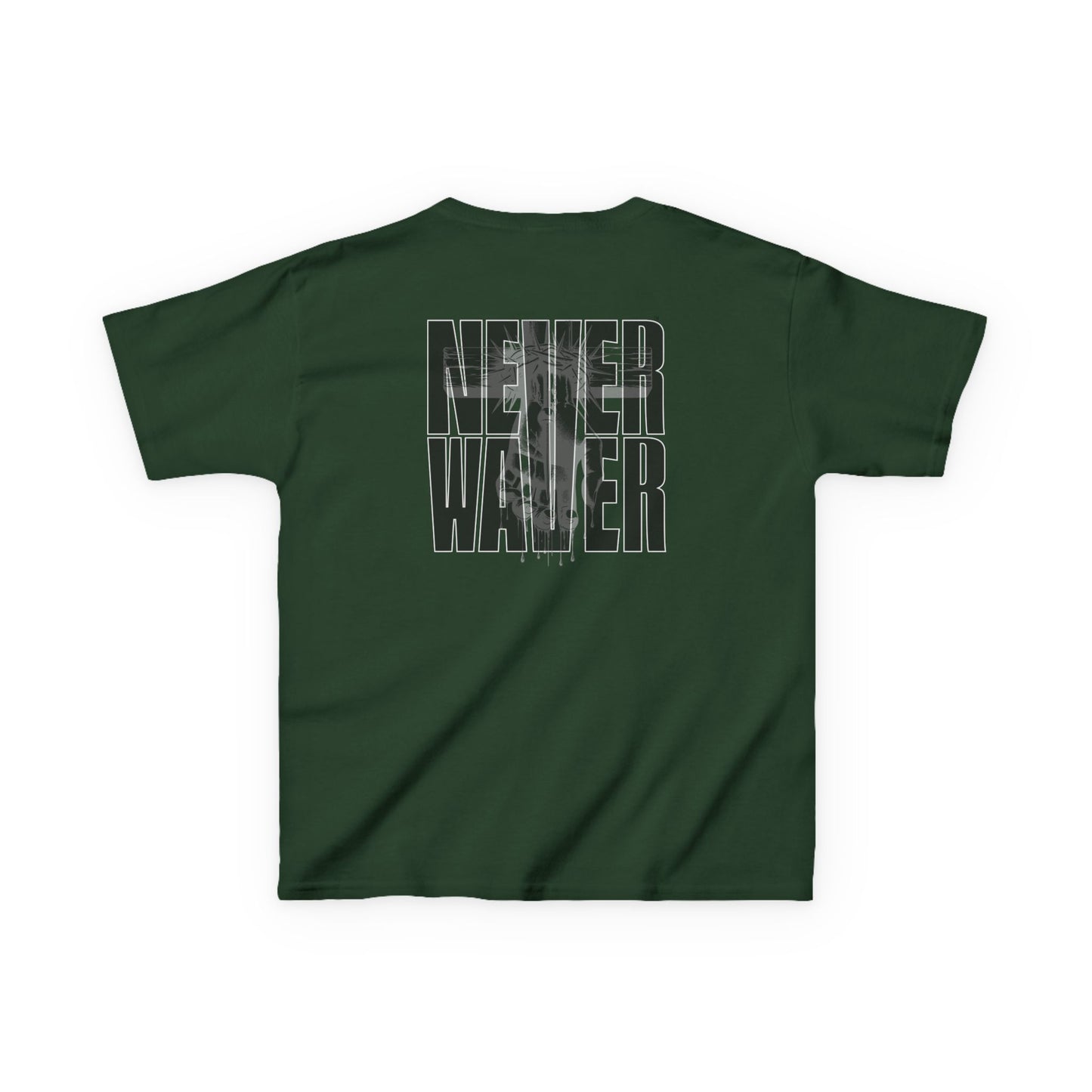 Kids Tee Never Waver” Jesus t-shirt might feature a bold, eye-catching design that reflects a steadfast faith and confidence in Christ.  - Never Waver