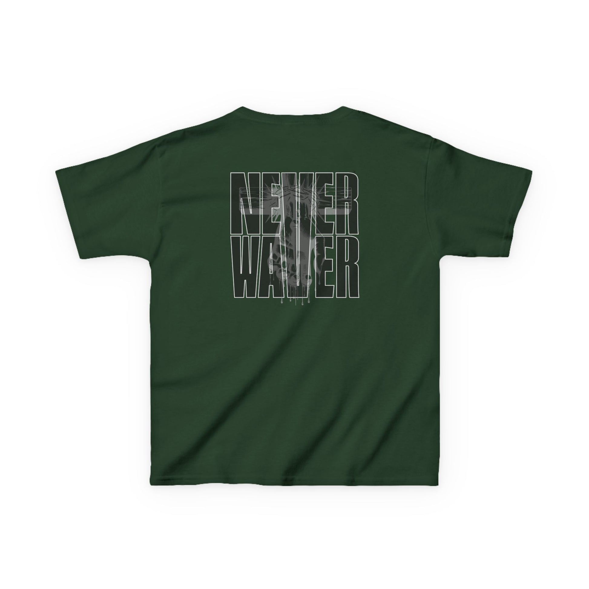 Kids Tee Never Waver” Jesus t-shirt might feature a bold, eye-catching design that reflects a steadfast faith and confidence in Christ.  - Never Waver