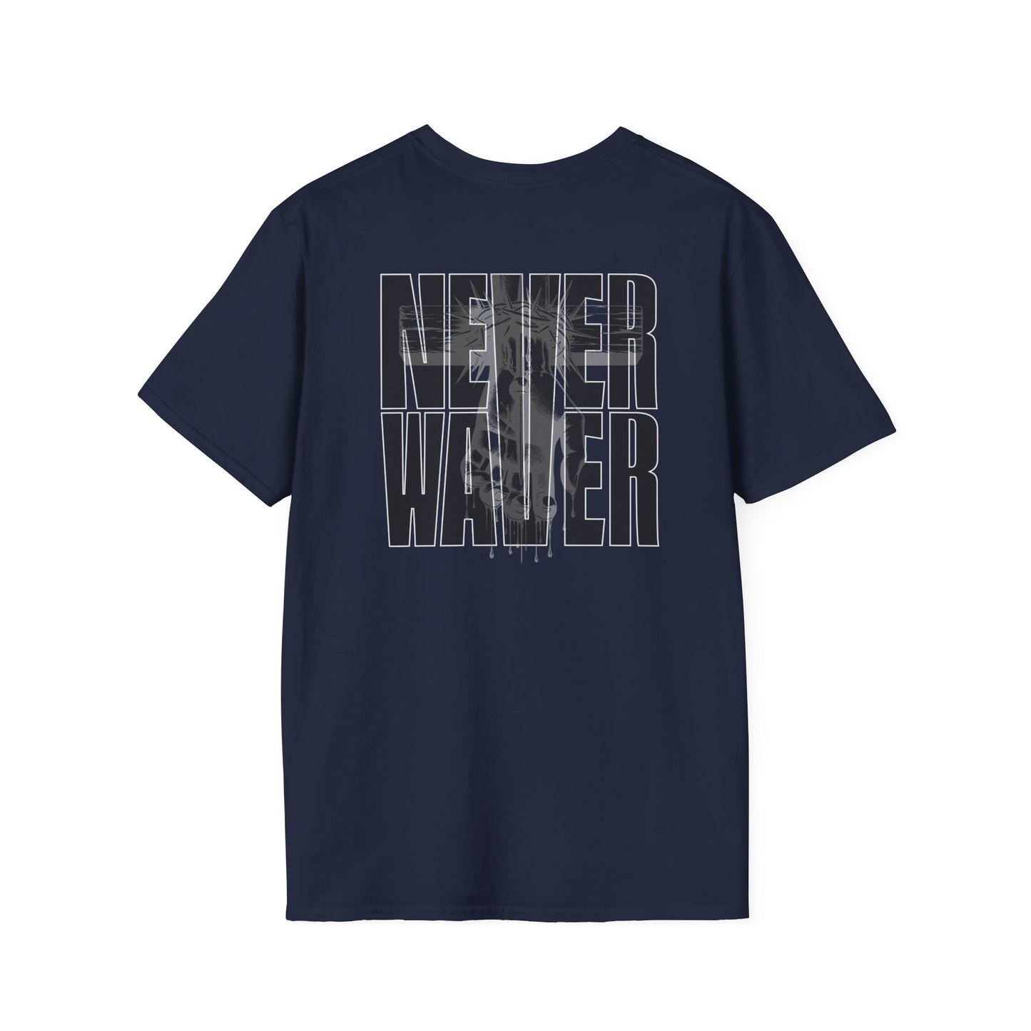 Never Waver” Jesus a bold, eye-catching design that reflects a steadfast faith and confidence in Christ. Unisex Soft style T-Shirt - Never Waver