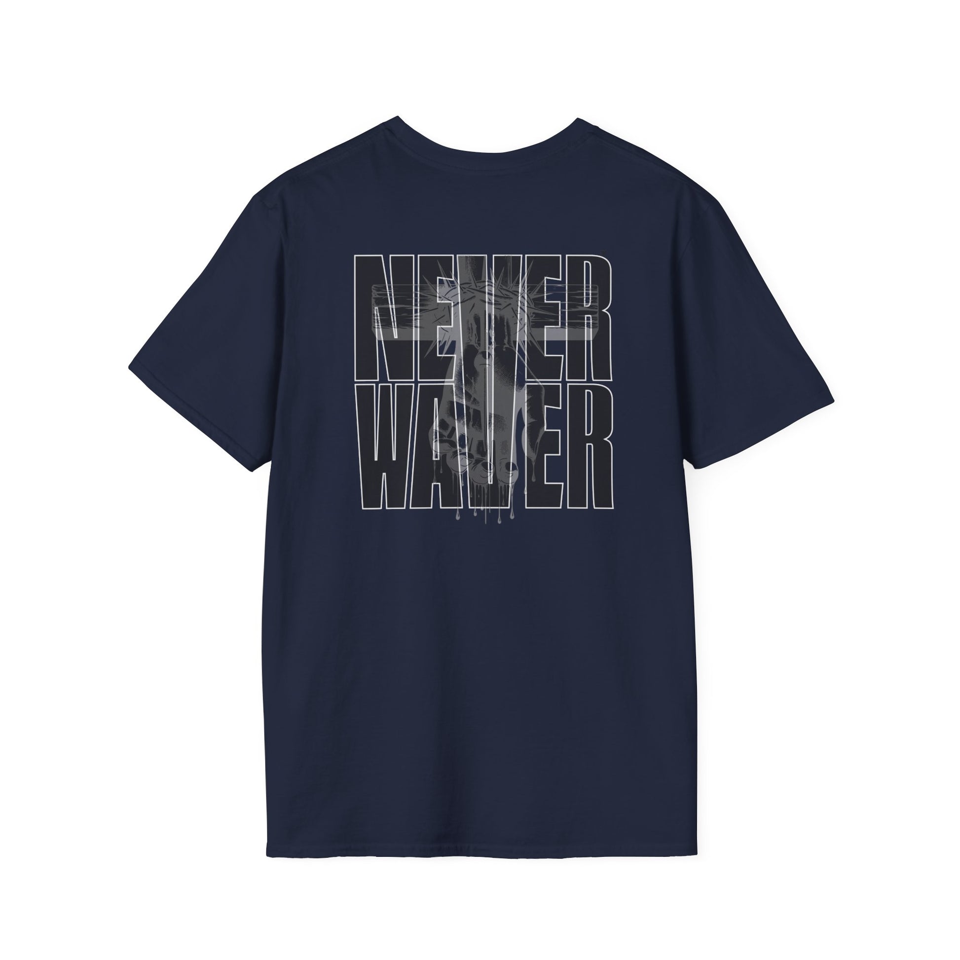 Never Waver” Jesus a bold, eye-catching design that reflects a steadfast faith and confidence in Christ. Unisex Soft style T-Shirt - Never Waver