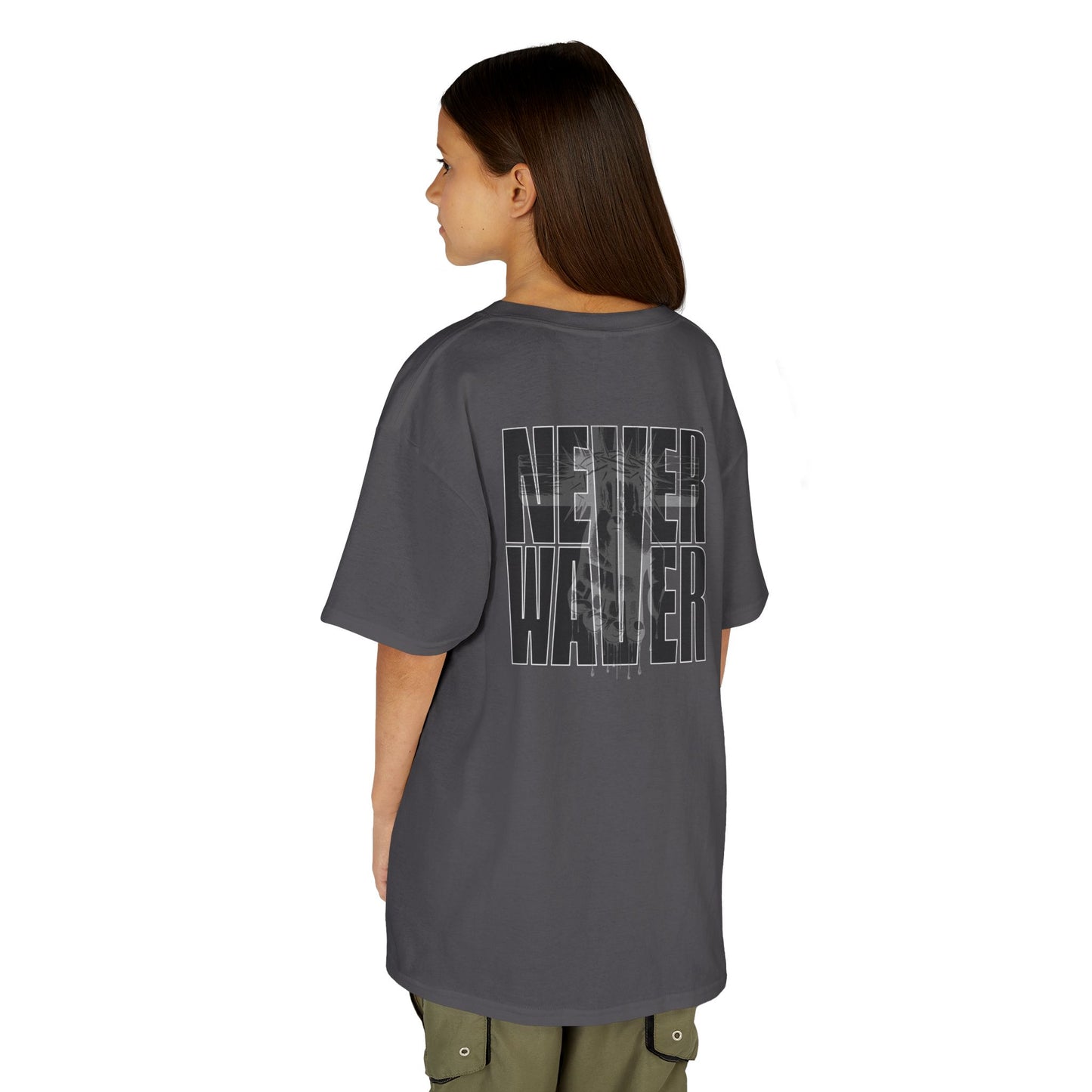 Kids Tee Never Waver” Jesus t-shirt might feature a bold, eye-catching design that reflects a steadfast faith and confidence in Christ.  - Never Waver