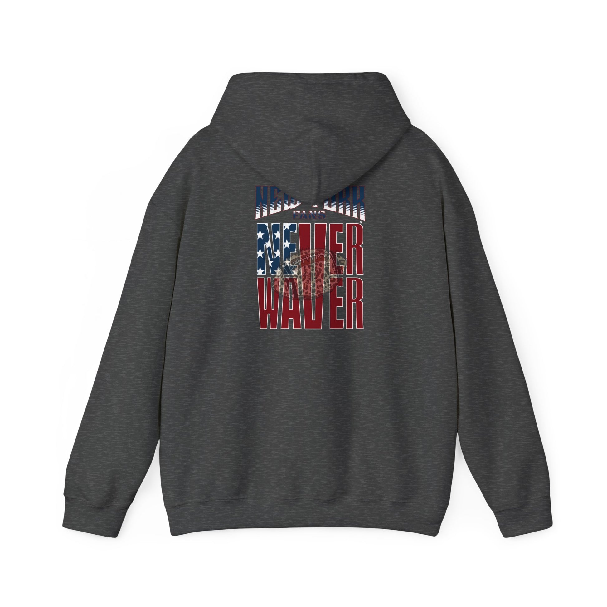Unisex Heavy Blend™ Hooded Sweatshirt - 'New York Fans Never Waver W Leopard Football' American Pride Design - Never Waver